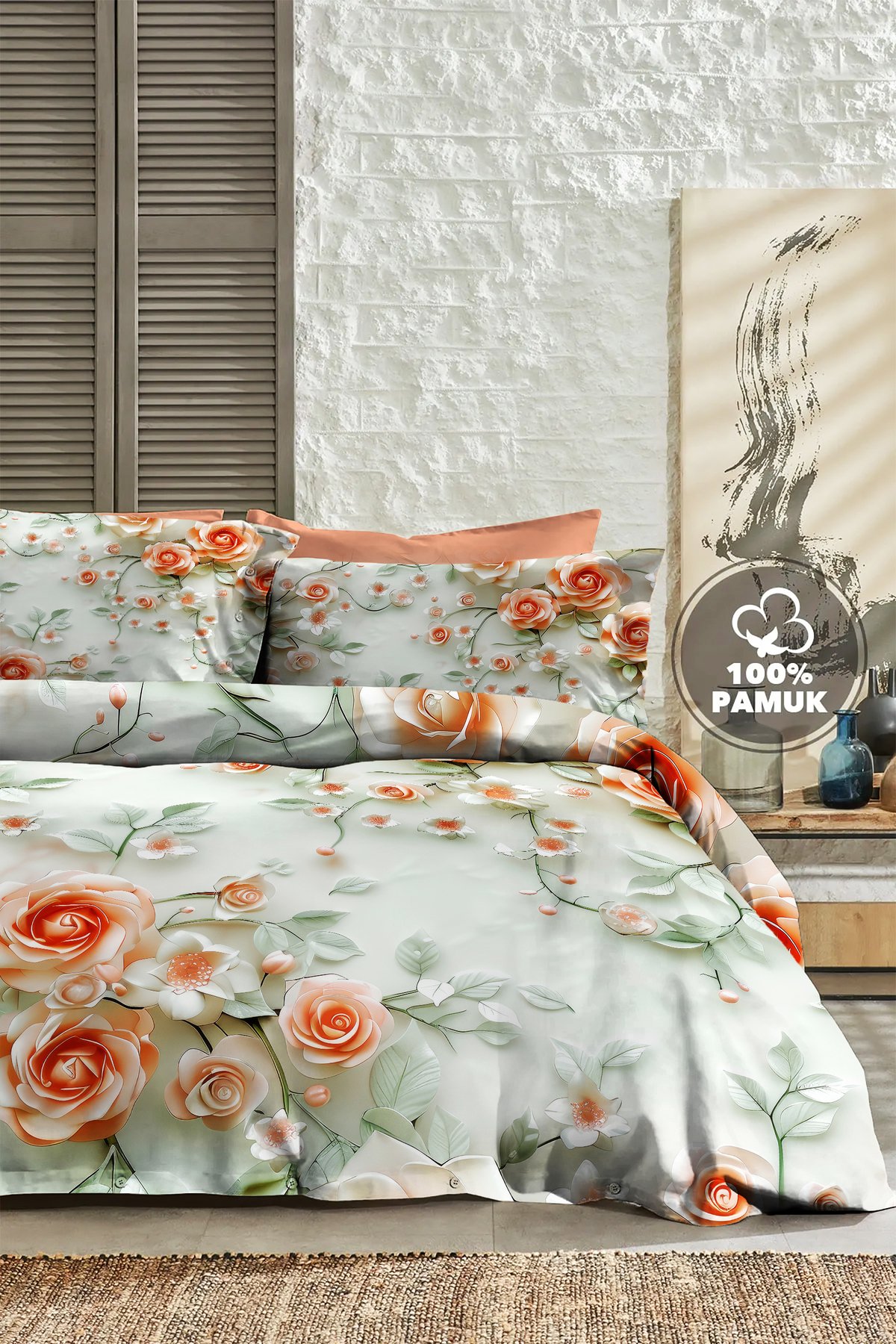 %100 Pamuk Ranforce Çeyizlik Luxury 5d Dijital Çift Kişilik Nevresim Takımı Salmon Flowers