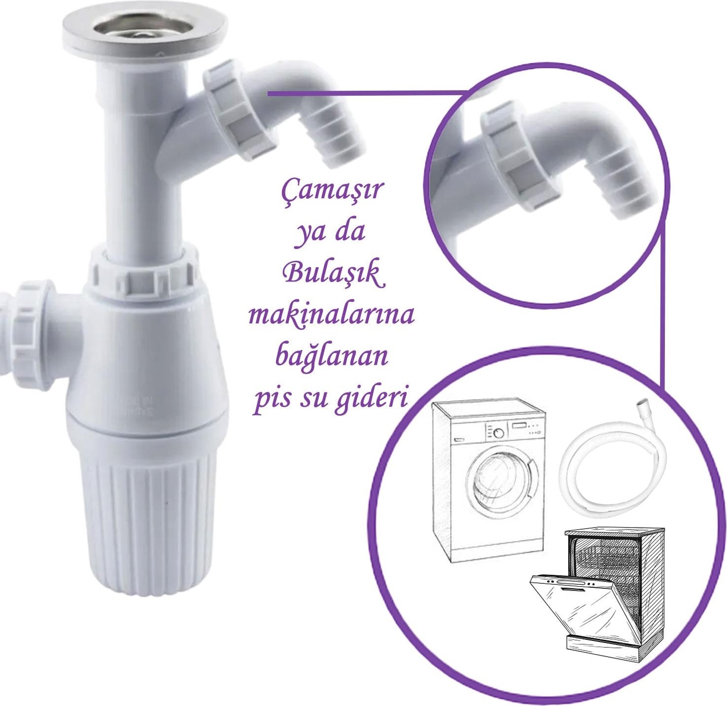 Pis Su Giderli Sökülebilir Tas'lı Çift Gider Sifon Körüklü Temizlenebilir Mutfak Banyo Lavabo Boru