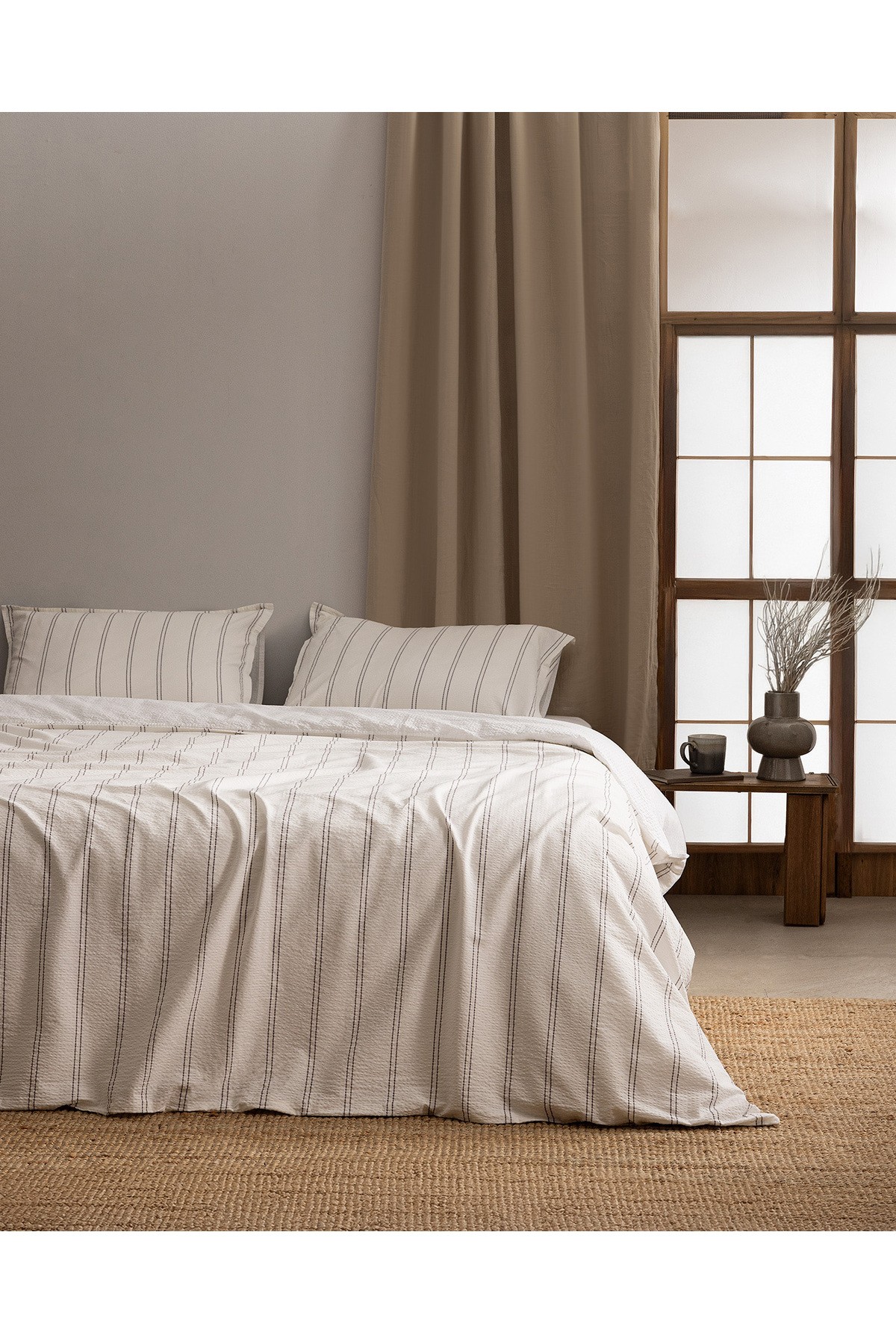 Linda Çizgili King Size %100 Pamuk Yıkamalı Gofre Nevresim Takımı - Beyaz/Antrasit