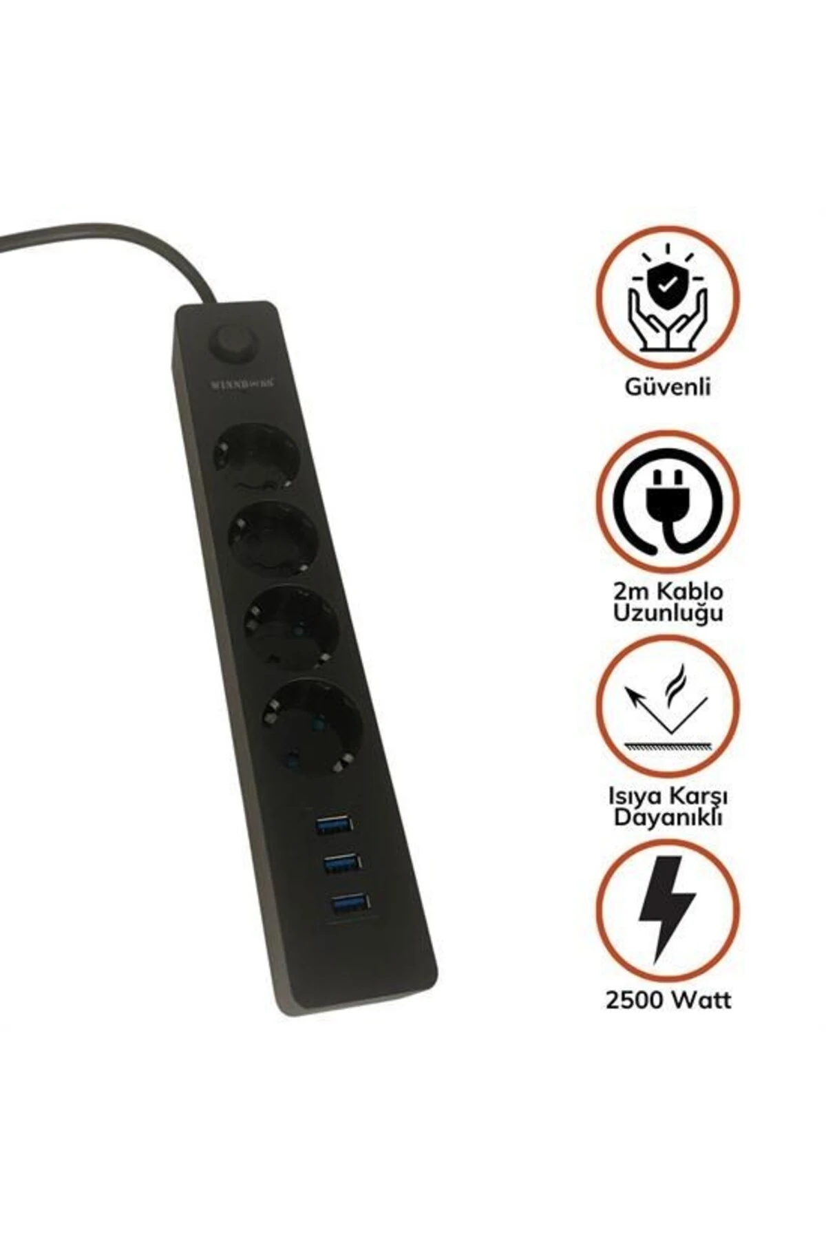 Genel Markalar® Termak Akım Korumalı 4 Priz 3 USB Girişli Uzatma Kablosu Güç&Şarj