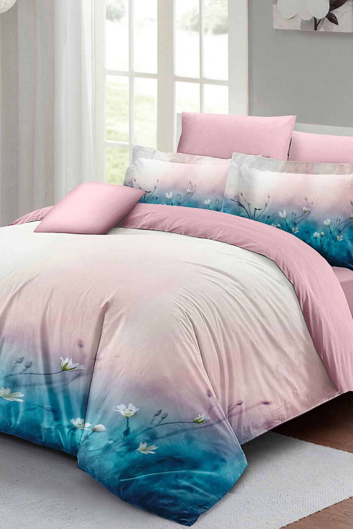 Kıng Sıze Soft Blue Luxury Çift Kişilik Pamuk Saten Nevresim Takımı 220x240cm