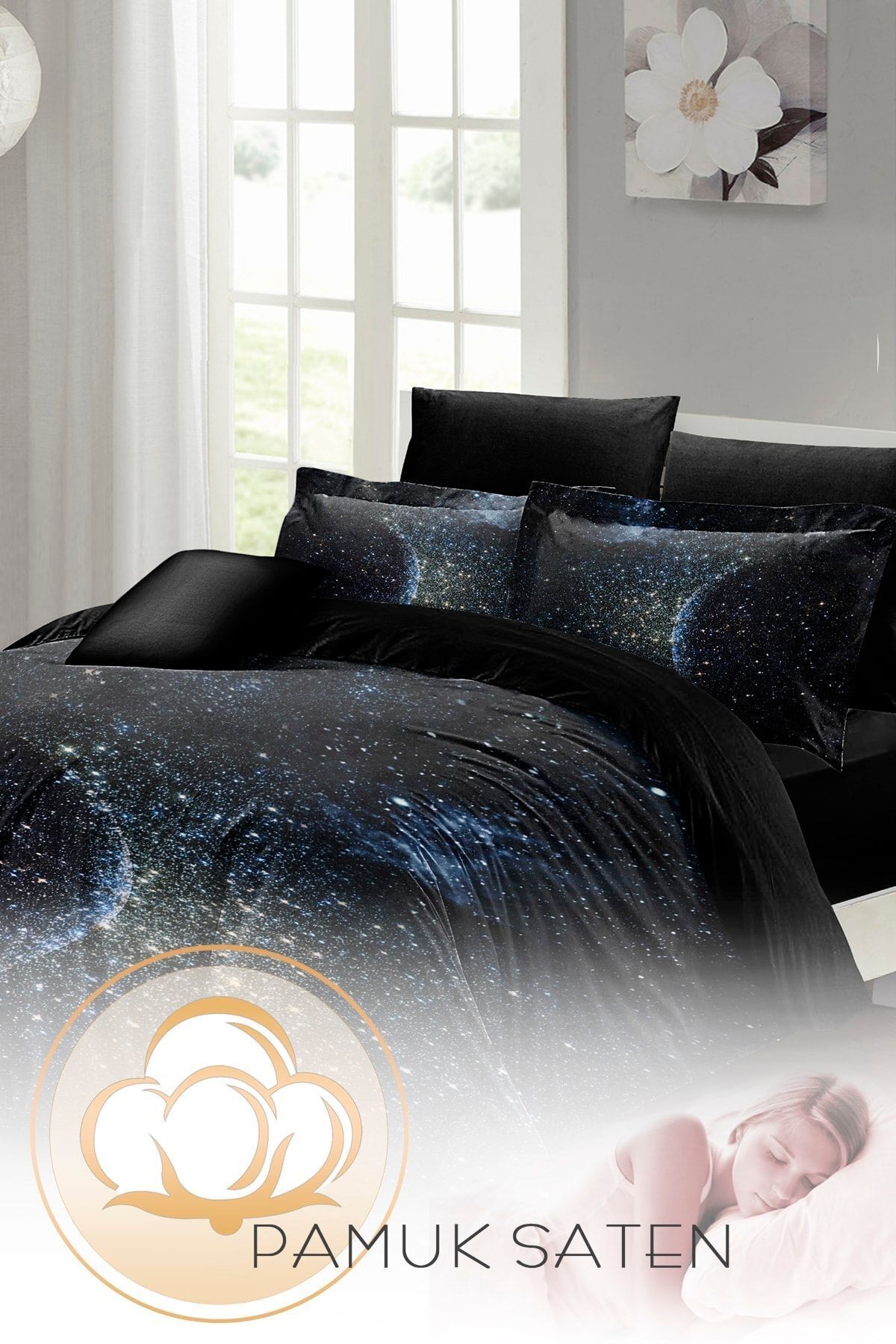 Çift Kişilik Nevresim Takımı Sık Dokuma Pamuk Saten 3d Özel Tasarım Star Moon