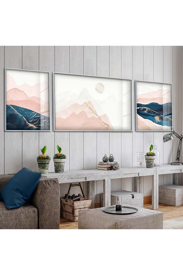 Gümüş Metal Çerçeveli Modern Çizim Soyut Desen Üçlü Kırılmaz Cam Tablo Seti