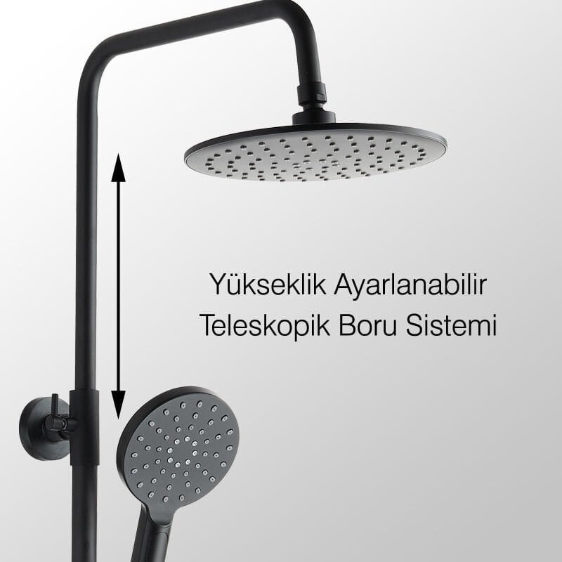 Teleskopik Kolonlu Tepe Duş Seti Robot Duş Yağmurlama 3 Fonksiyon El Başlıklı Siyah KDS121-2B