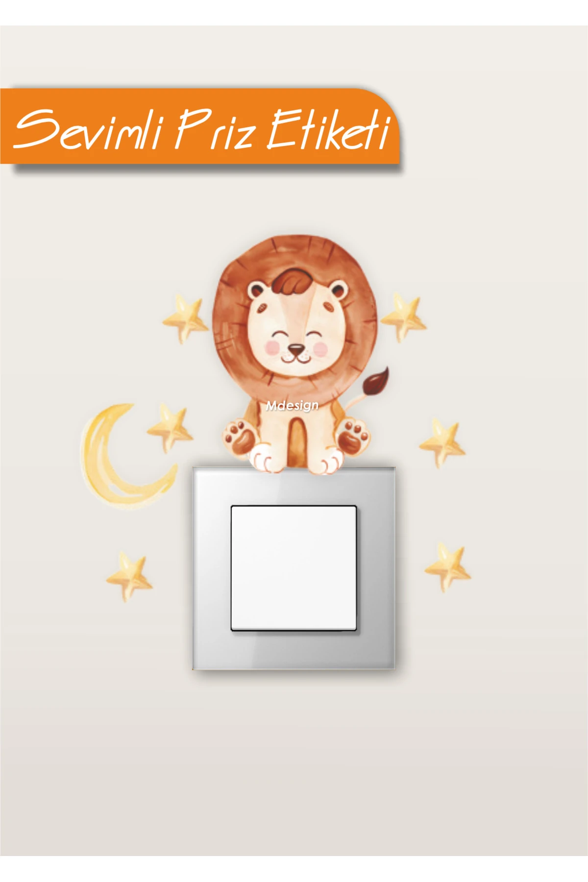 Çocuk Odası Duvar Priz Sticker Mini Boy Sticker - Sevimli Aslan ve Yıldızlar Sticker