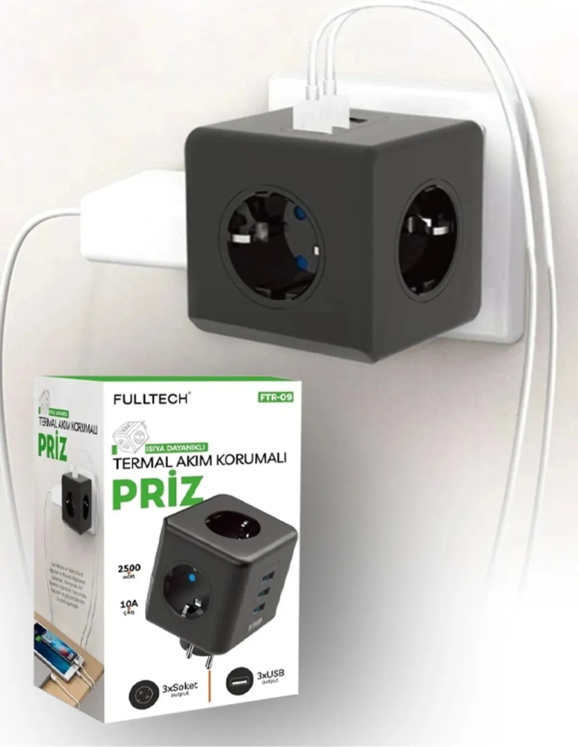 Termal Akım Korumalı 3'lü Duvar Tipi Priz 3 Usb'li Küp Priz Ftr-09 + 2 Adet Mini LED Lamba