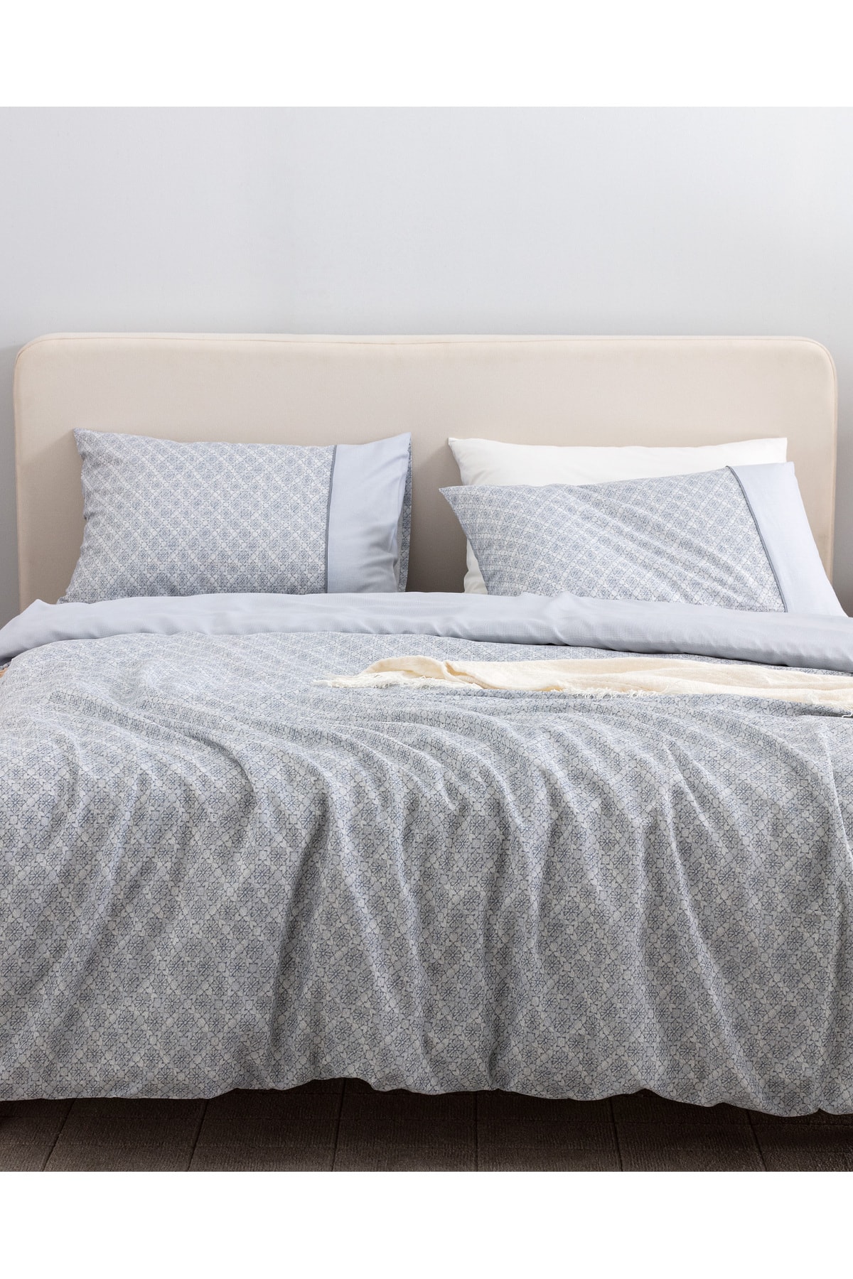 Clarice King Size %100 Pamuk  Crep Baskılı Nevresim Takımı - Mavi/Gri