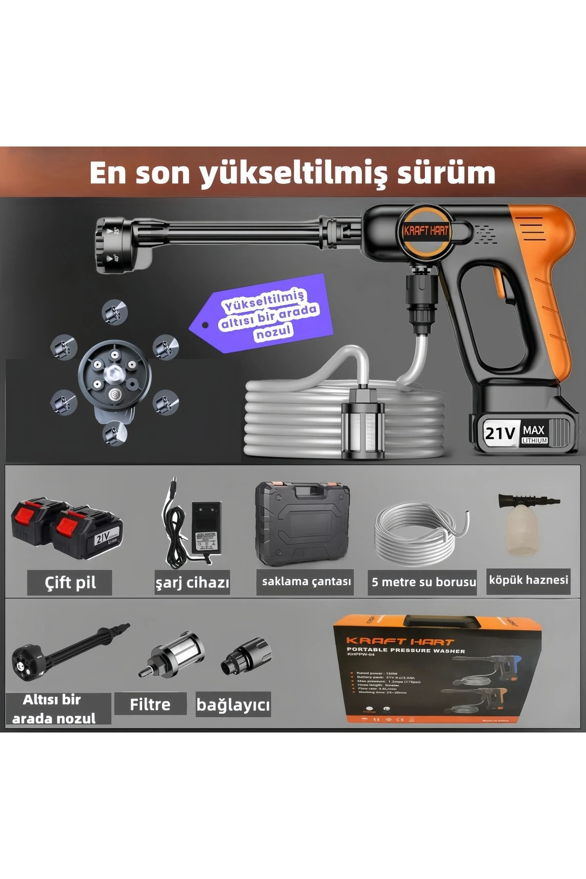 21v Kömürsüz Şarjlı Oto ,hayvan Yıkama, Bahçe Sulama Makinesi Bar Akülü Basınçlı