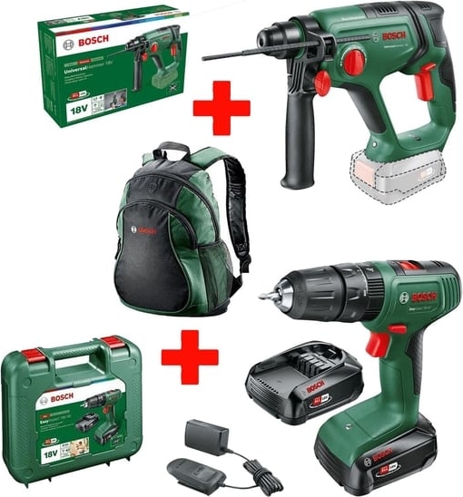 BOSCH Easyımpact 18V-40 Akülü Matkap (Çift Akü, 2,0 Ah) - 06039D8108 +  Universalhammer 18V Akülü Kırıcı Delici (Solo - Aküsüz) - 06039D6000 +  Sırt Çantası