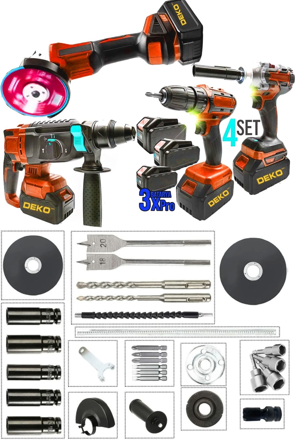 Redpro 4ın1 Akülü 4'lü Set – Taşlama + Hilti + Matkap + Somun Sıkma (3.0AH X3 Akülü 10 Pilli)