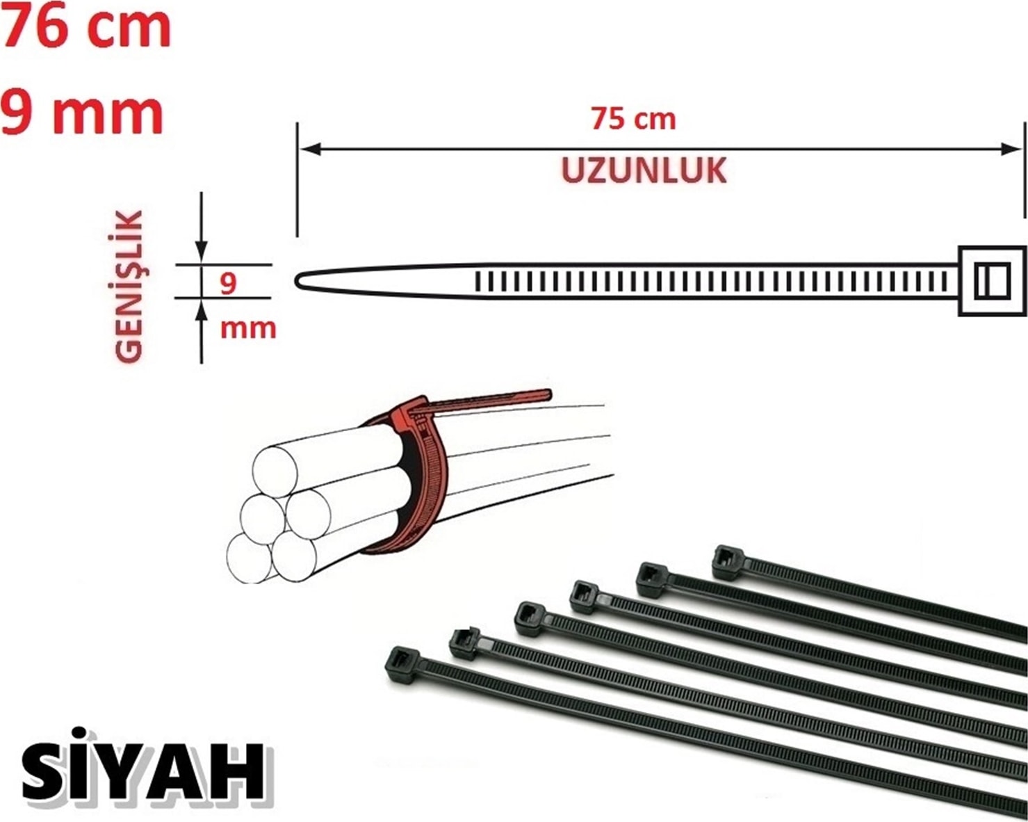 76cm x 9mm Plastik Cırt Kelepçe (Kablo Bağı) Siyah