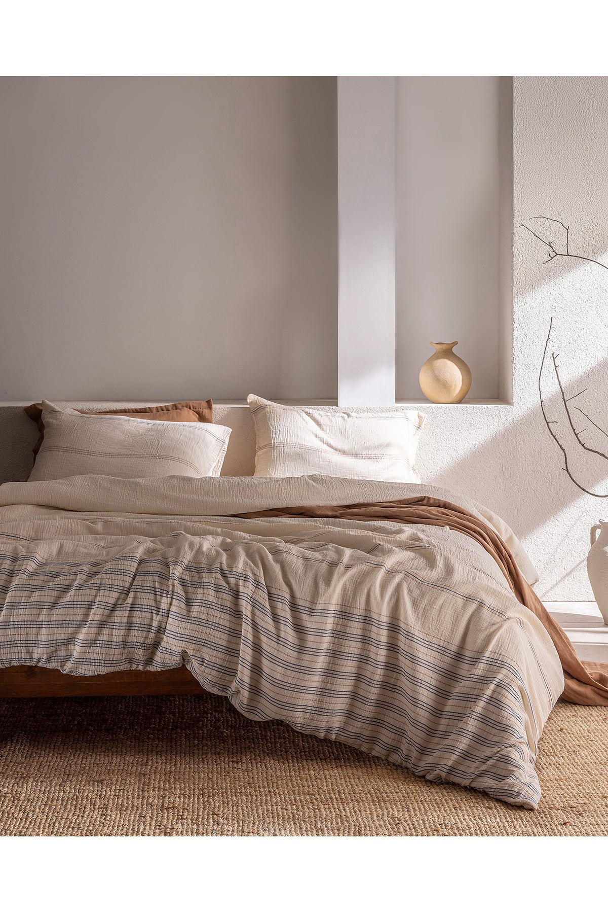 Breville Tek Kişilik Müslin İpliği Boyalı Lastikli Nevresim Takımı - Ekru/Bej