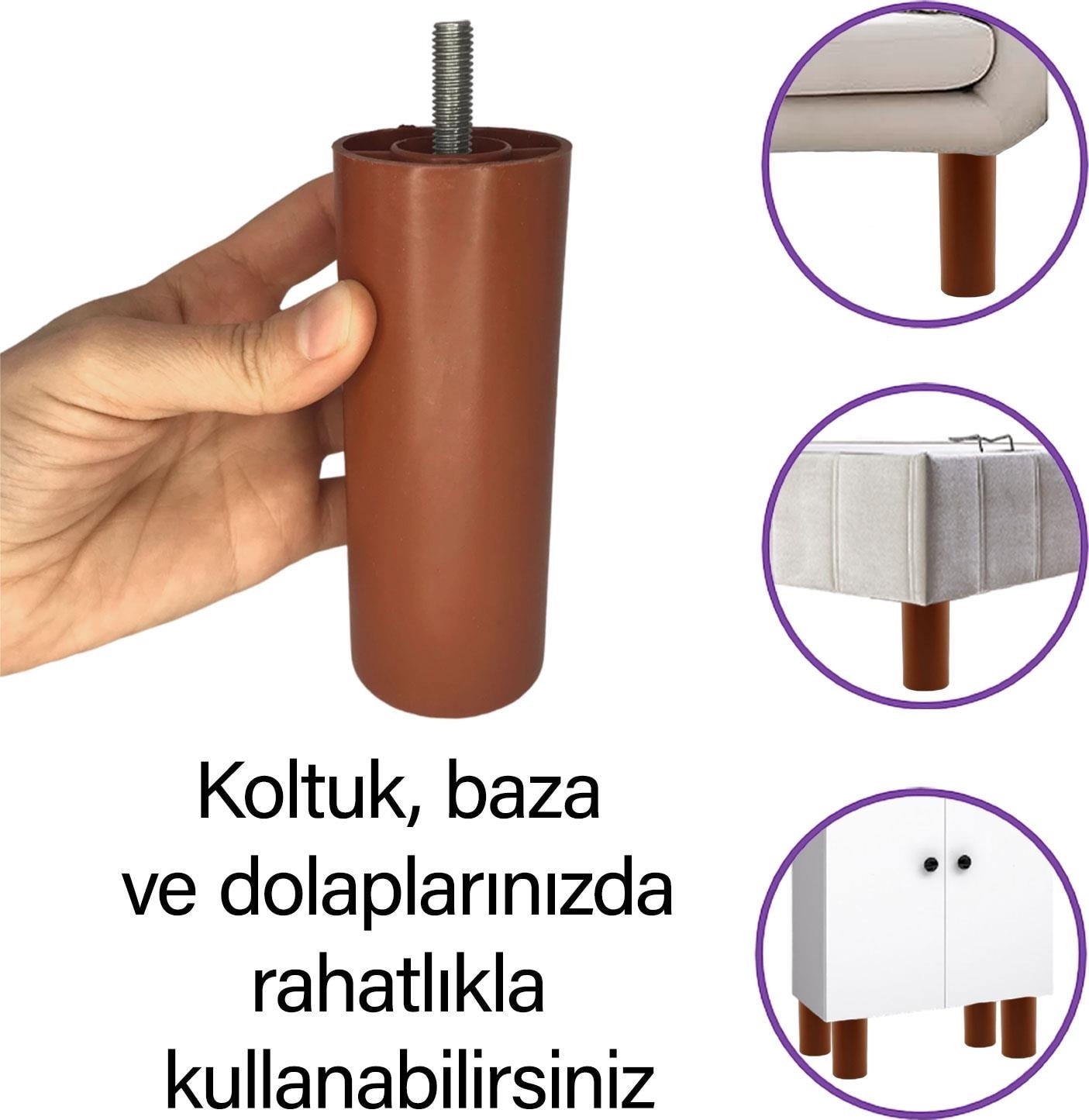 2 Adet Silindir Destek Ayağı 12 cm Kahverengi Sert Plastik Gizli Mobilya Kanepe Baza Koltuk Dolap Sehpa Tv Ünitesi Ayağı
