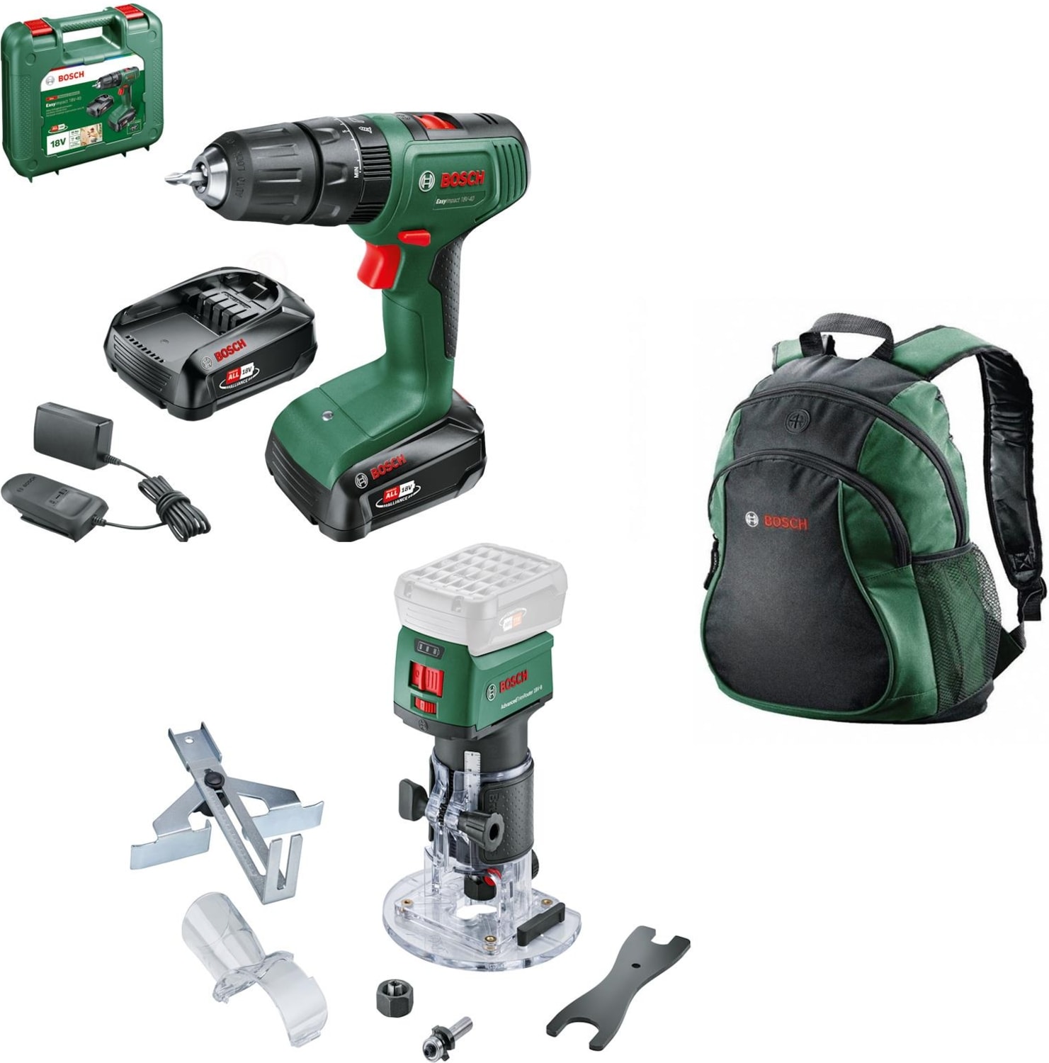 BOSCH Easyimpact 18V-40 2x2.0 Ah + Advancedtrimrouter 18V-8 Freze + Sırt Çantası