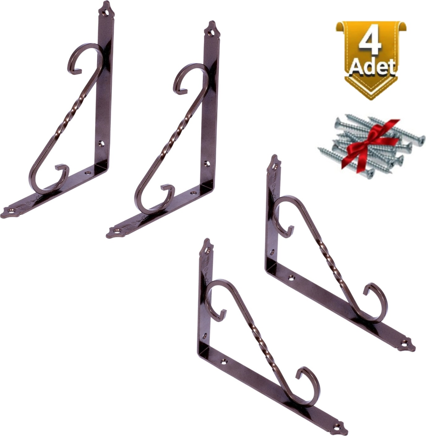 4 Adet Dekoratif Ferforje Raf Altı Metal L Ayak 11X15.5 Eskitme Bakır