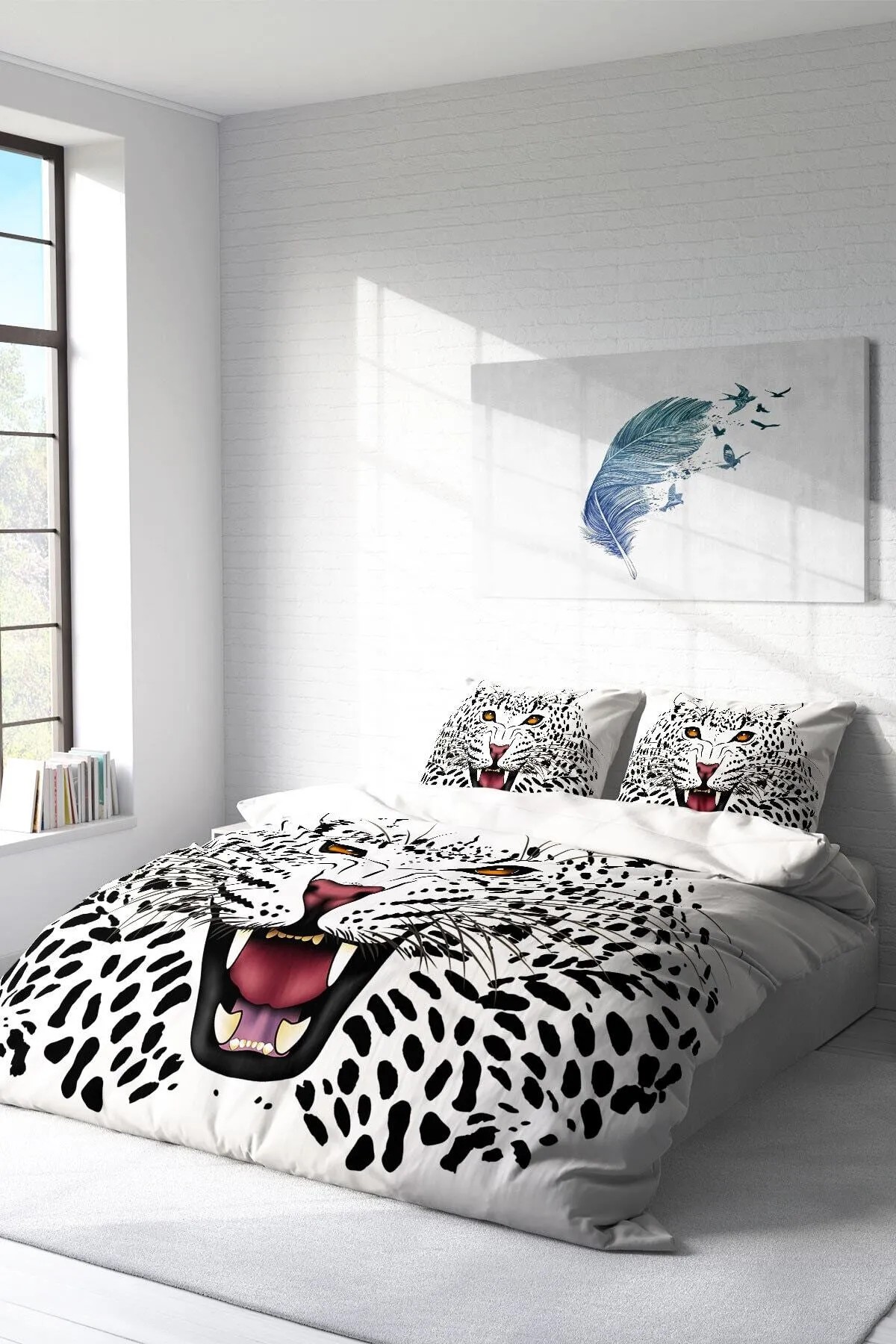 Kıng Sıze Beyaz Leopard Naturel Çift Kişilik Nevresim Takımı 220x240cm