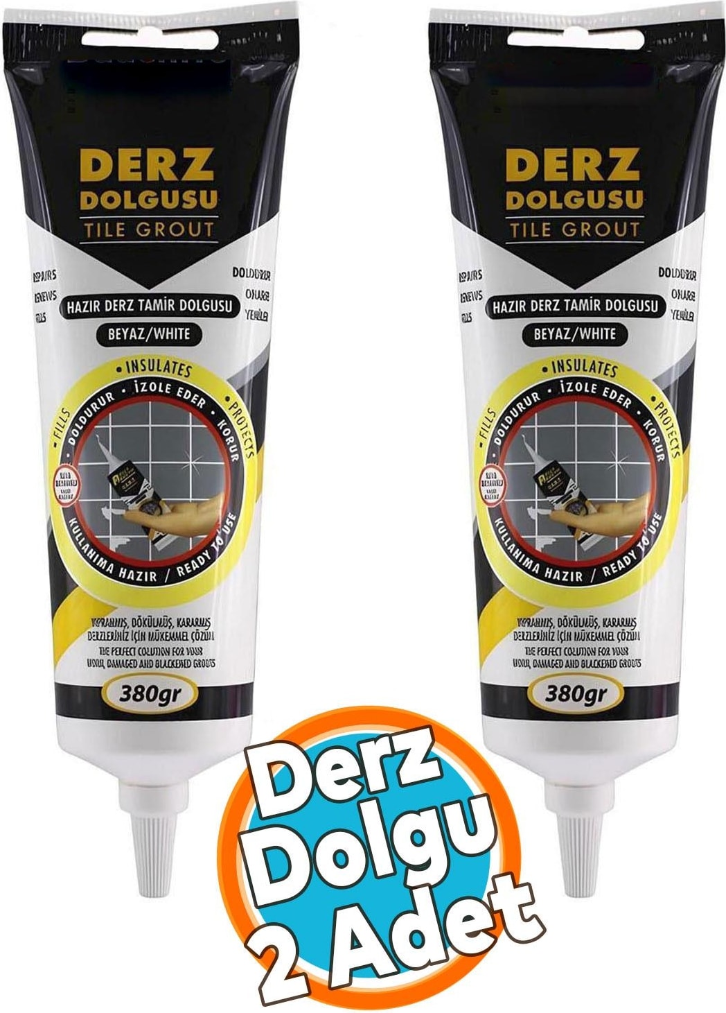 Derz Dolgu Fayans Seramik Mermer Yer Duvar Için Tamir Wc Banyo Tadilat Beyaz 380 gr 2 Adet