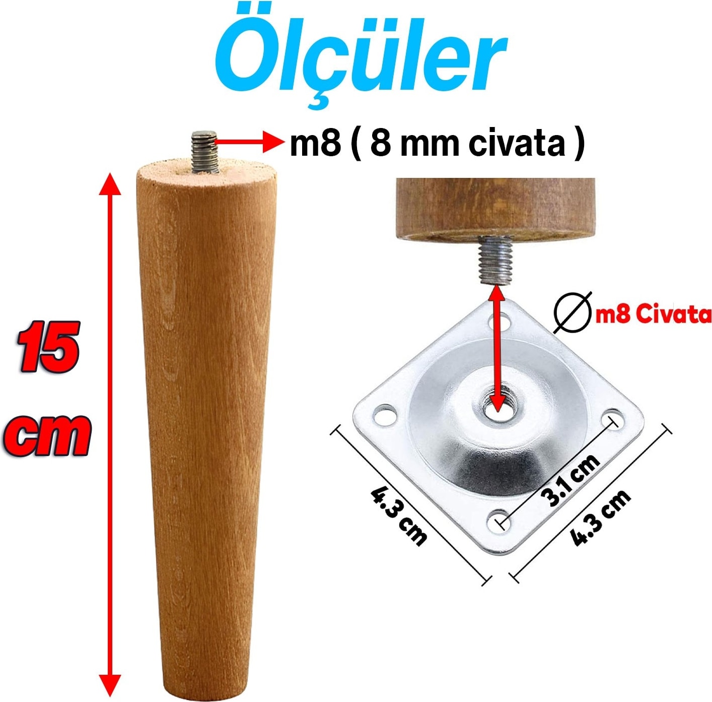 Ahşap 15 cm Ahşap Ayak Bağlantı Aparatlı Mobilya Koltuk Kanepe Sehpa Masa Ayağı Ayakları M8 Civatalı