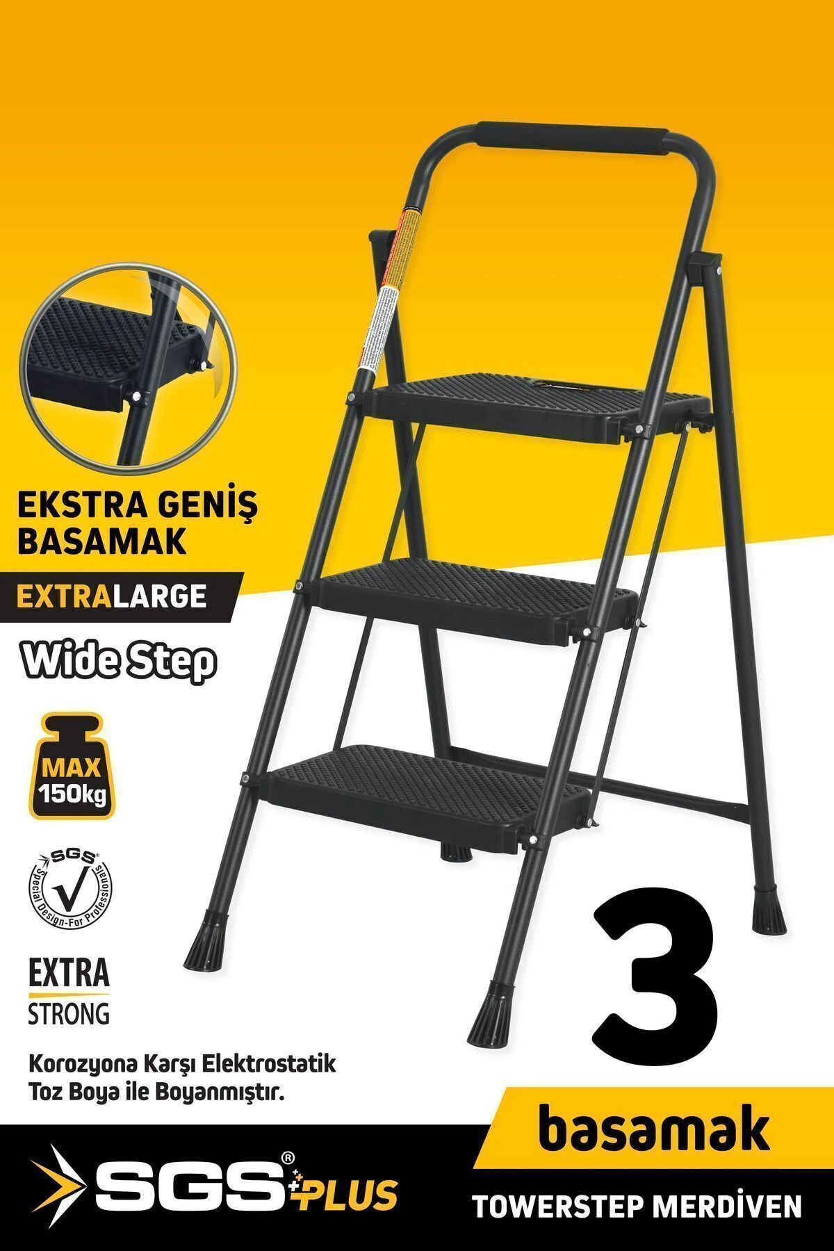 Sgs1193 Towerstep 3 Basamak Extra Geniş Basamaklı Metal Merdiven 150 Kg Taşıma Kapasiteli