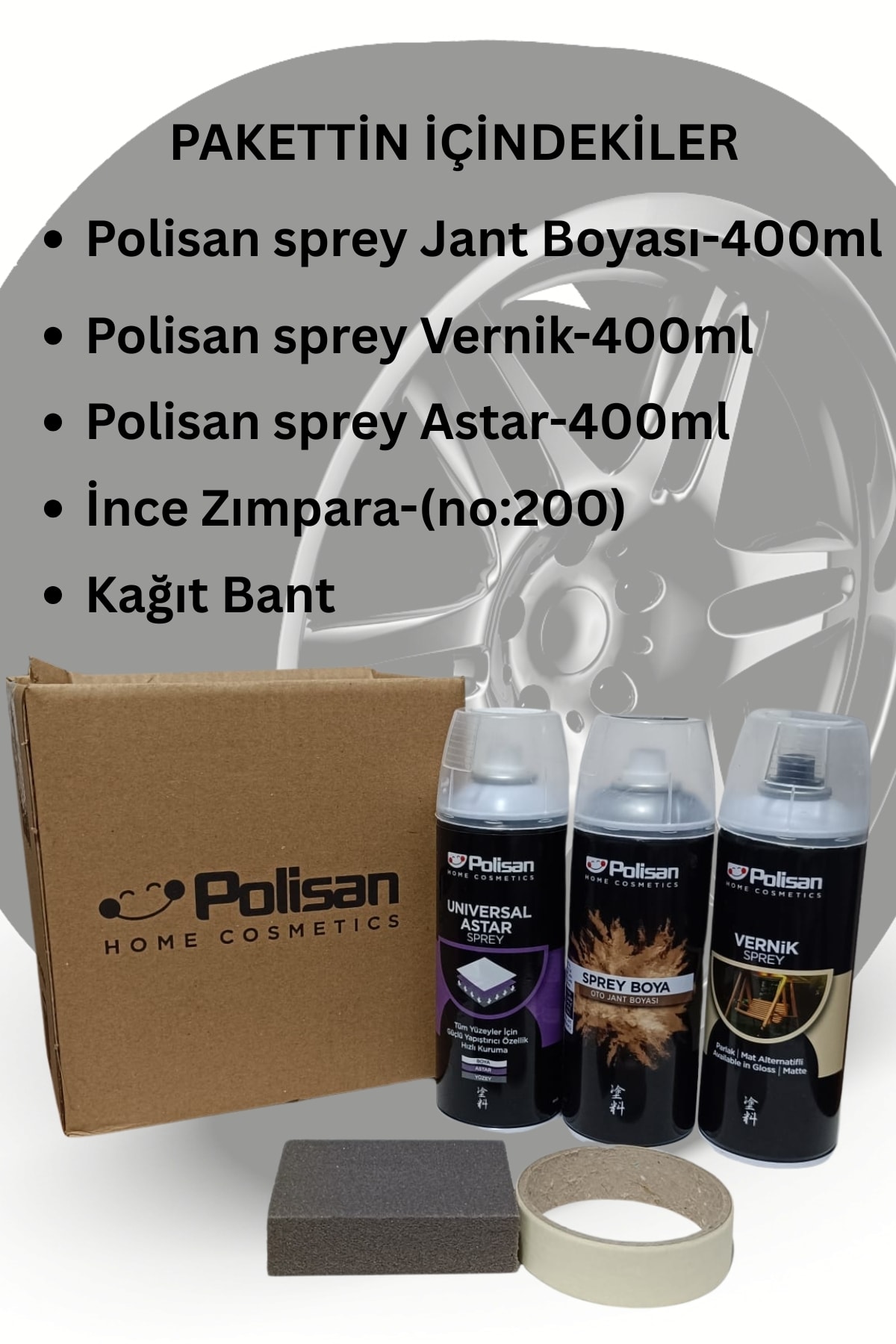 POLİSAN Oto Jant Gri Sprey Boya,Unıversal Astar Sprey,Parlak Vernik Sprey,3lü Jant Boyama Sprey Seti