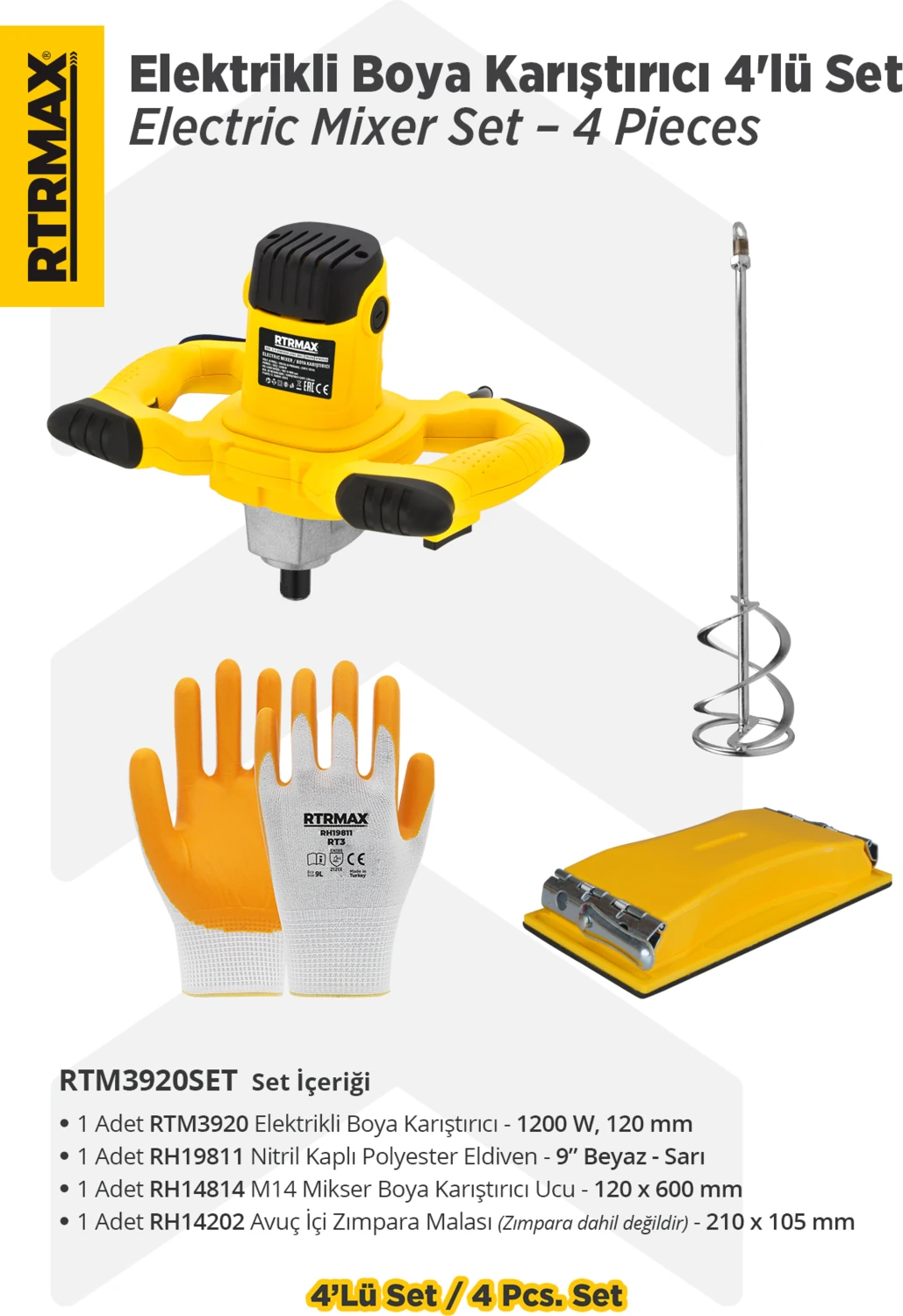 RTM3920SET Elektrikli Boya Karıştırıcı 4'lü Set - Eldiven-Boya Karıştırıcı Ucu-Zımpara Malası
