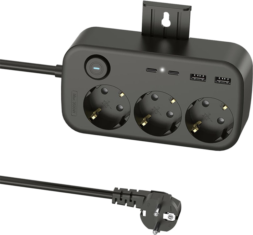 3’lü Akım Korumalı Priz | 2 USB + 2 Type-C Girişli | Anahtarlı ve Duvara Monte Edilebilir Uzatma Kablosu – Siyah