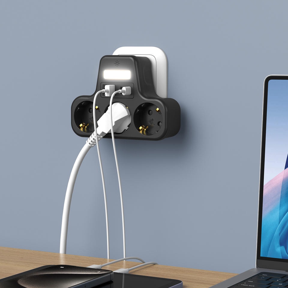 3’lü Duvar Tipi Akım Korumalı Priz | 2 Usb-A + 2 Type-C Girişli | LED Gece Lambalı Akıllı Çoklu Priz