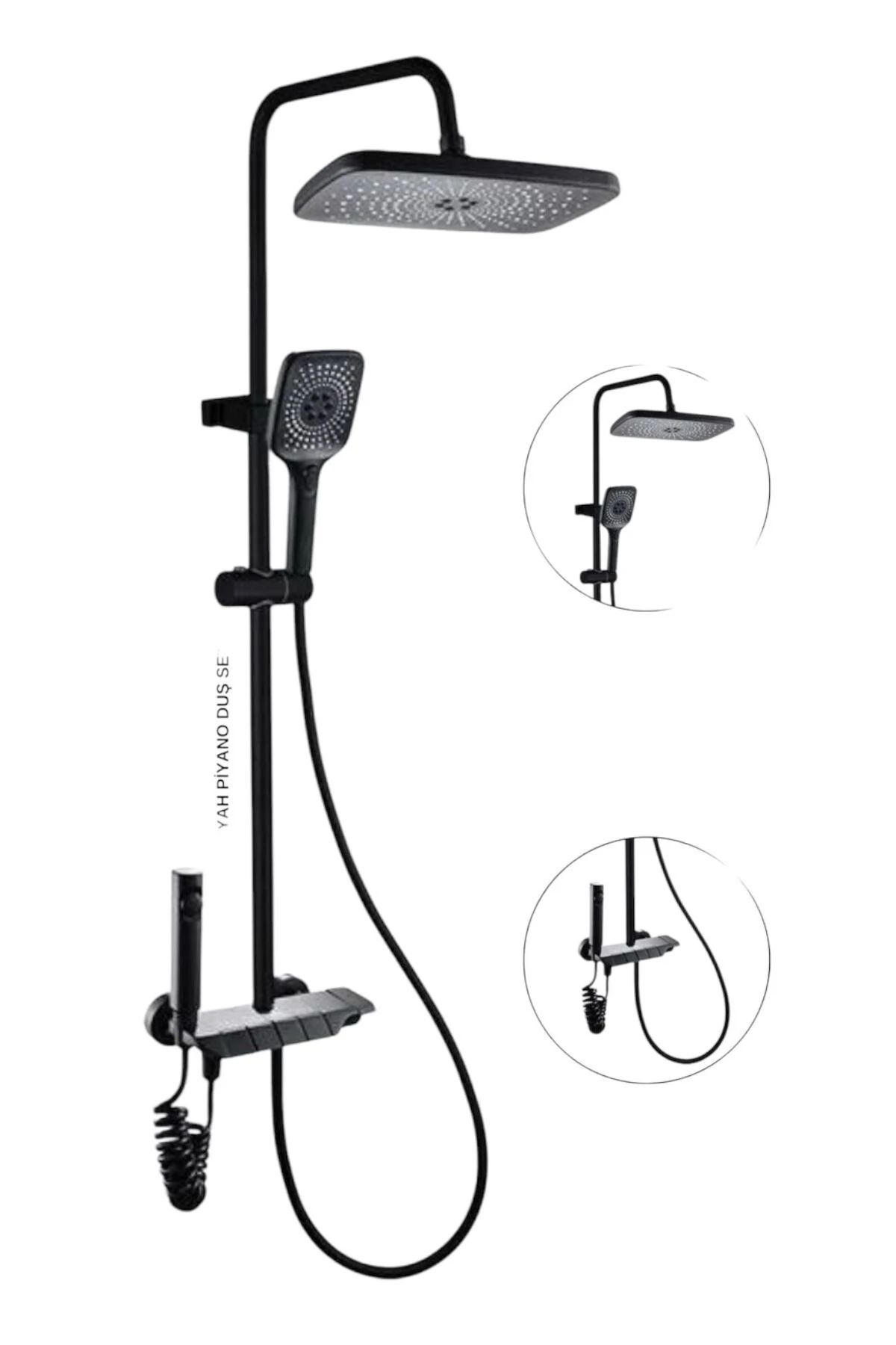 Piyano Siyah Robot Tepe Duş Seti Yağmur Tepe Banyo 4 Tuşlu Batarya Dahil Siyah Duş Seti Fleko