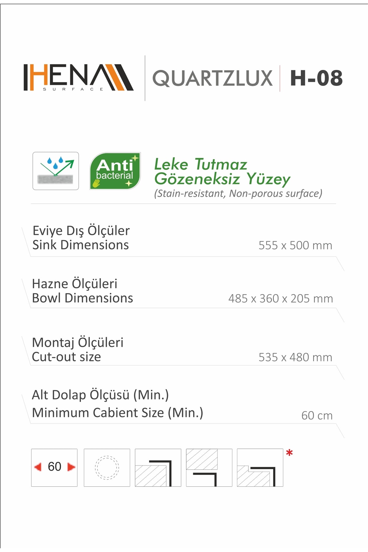 Granit Eviye 1 Gözlü Siyah 55x50 Granit Evye Kuvars
