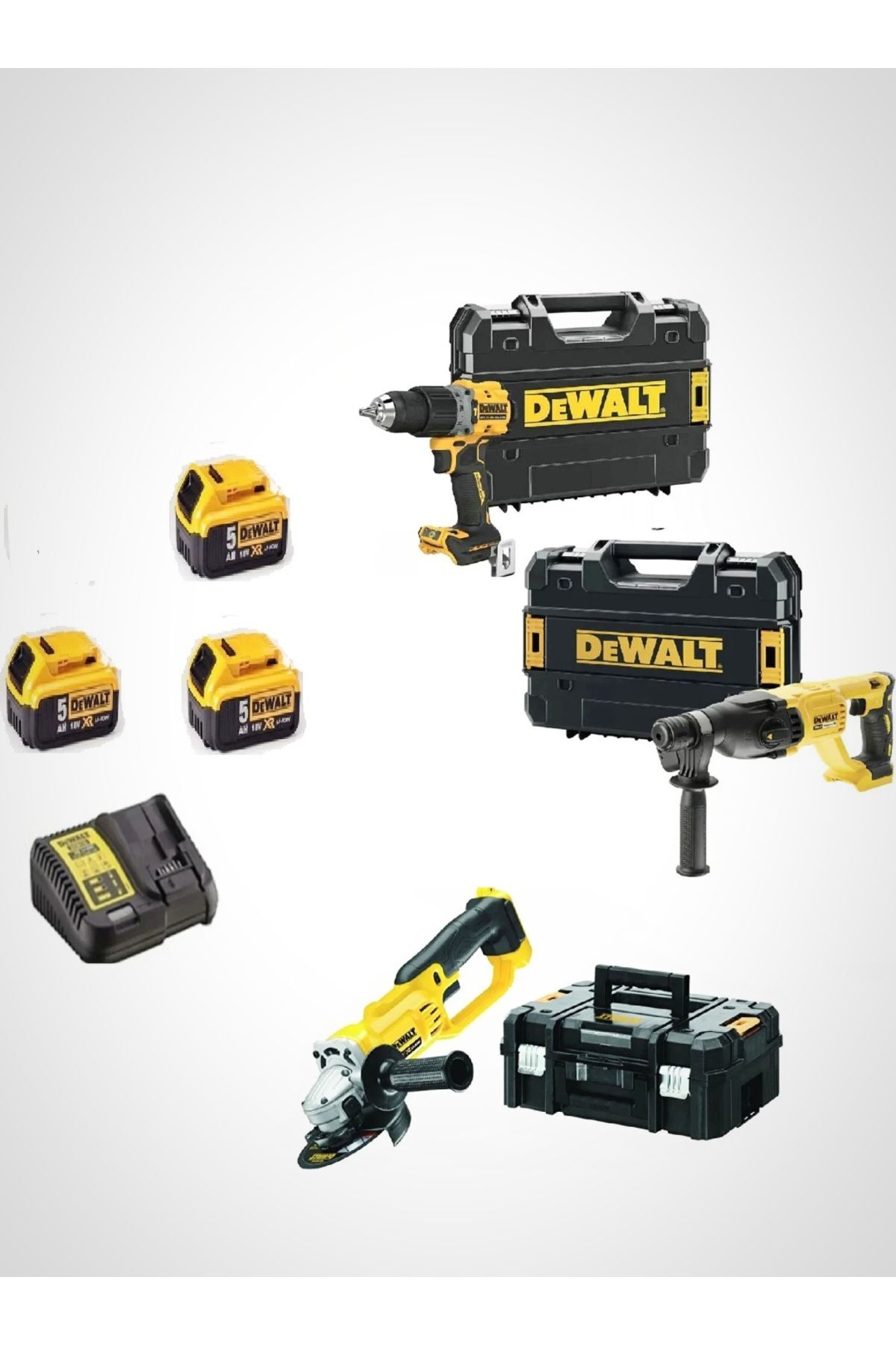 DEWALT DCH133NT ( 2.6J ) + DCD805NT ( 90 NM ) + DCG412NT ( 125 MM ) + 3X 5 AH AKÜ + 1 ADET DOLUM CİHAZI