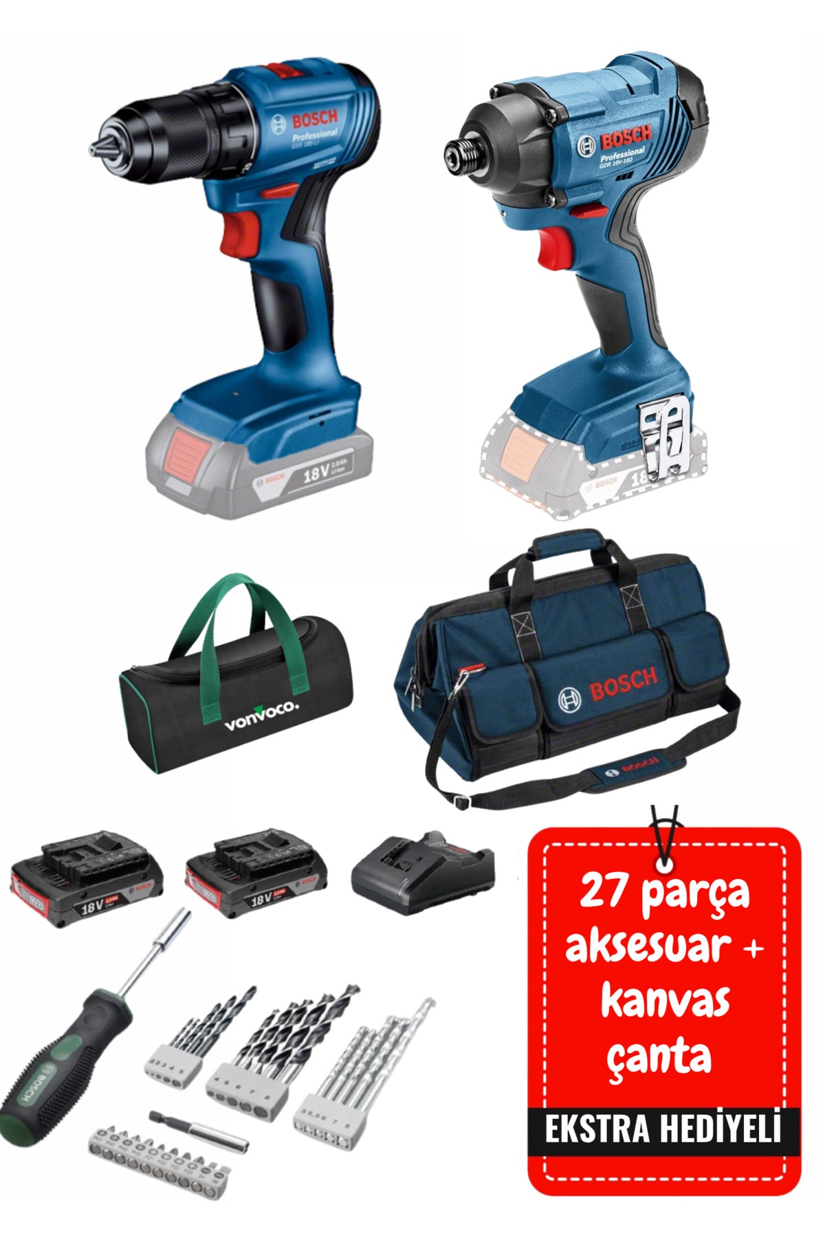 BOSCH Promix Set Gdr 180 li Ve Gsr 180 li Şarjlı Matkap  Darbeli Vidalama Somun Sıkma + Çift Akülü