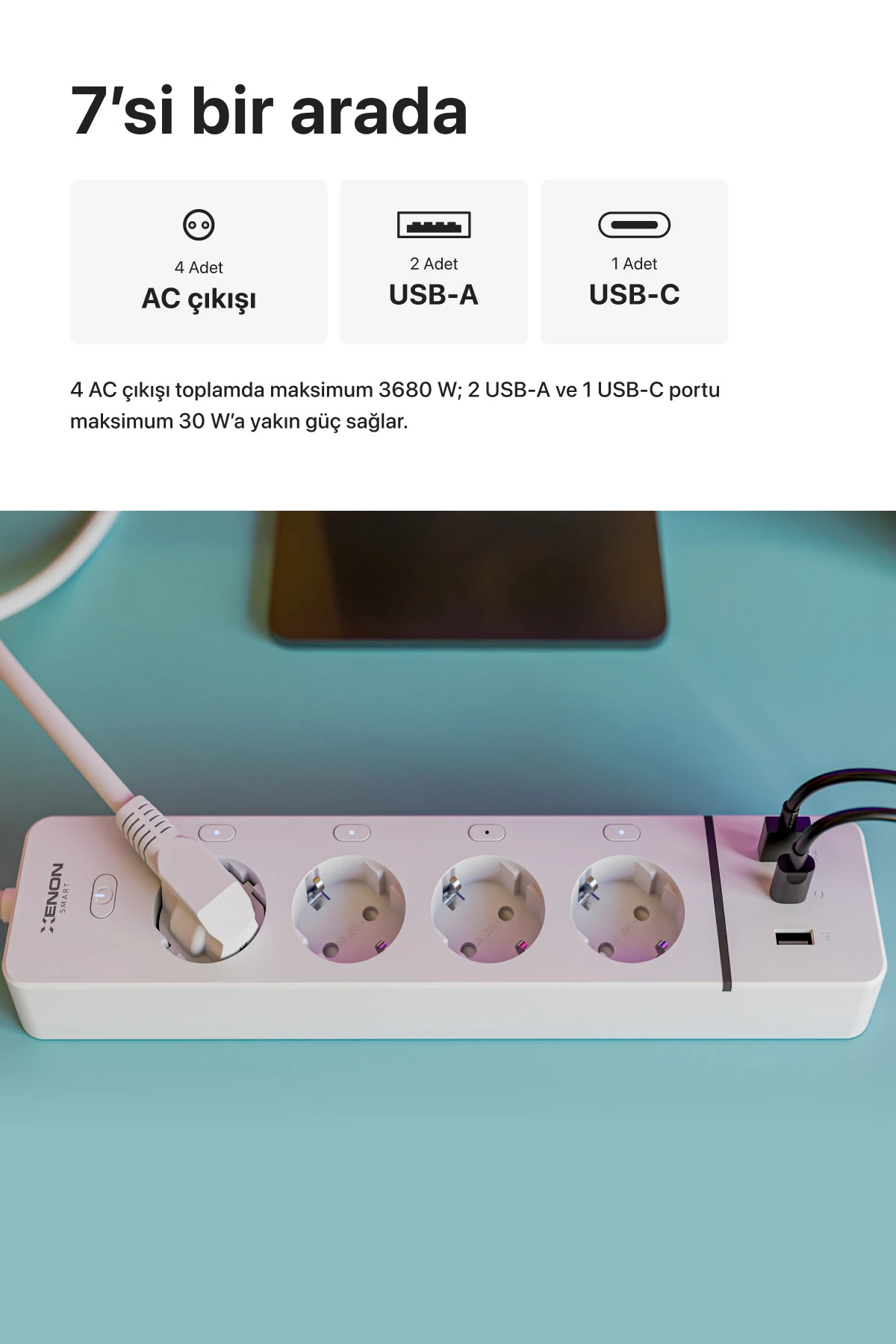 Akıllı Çoklu 4'lü Priz Wi-Fi 2 USB-A ve 1 USB-C 3680W 180 cm Google ve Alexa Mobil Kontrol X7087