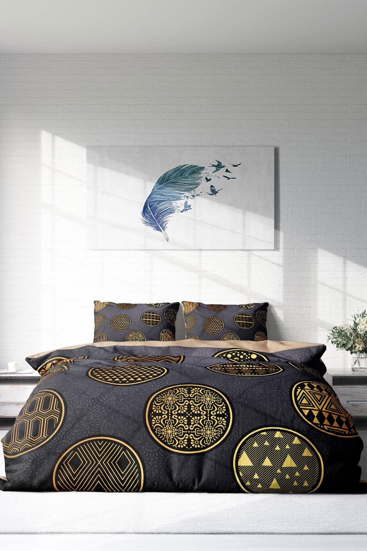 Kıng Sıze Gold Black Circle 3d Çift Kişilik Nevresim Takımı 220x240cm