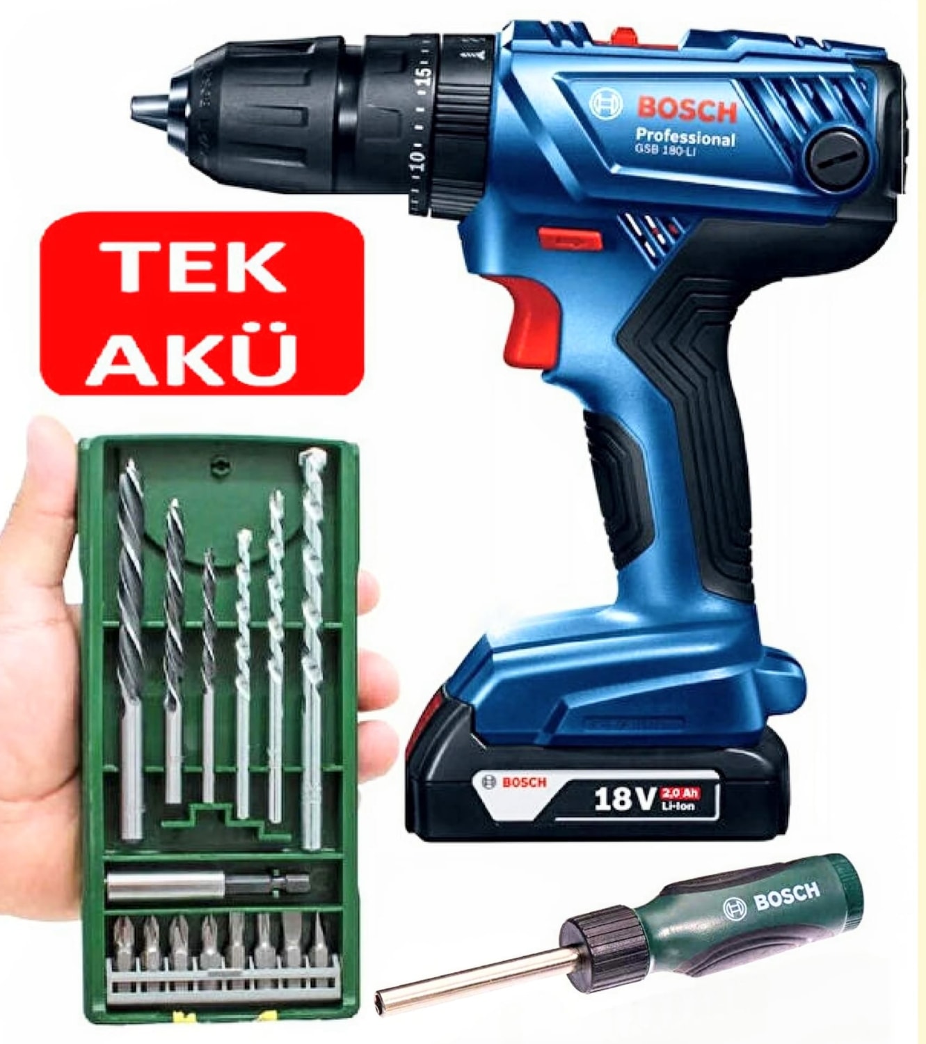 BOSCH Gsb 180 Li-On Darbeli Matkap Vidalama +  16 Parça Uç Seti