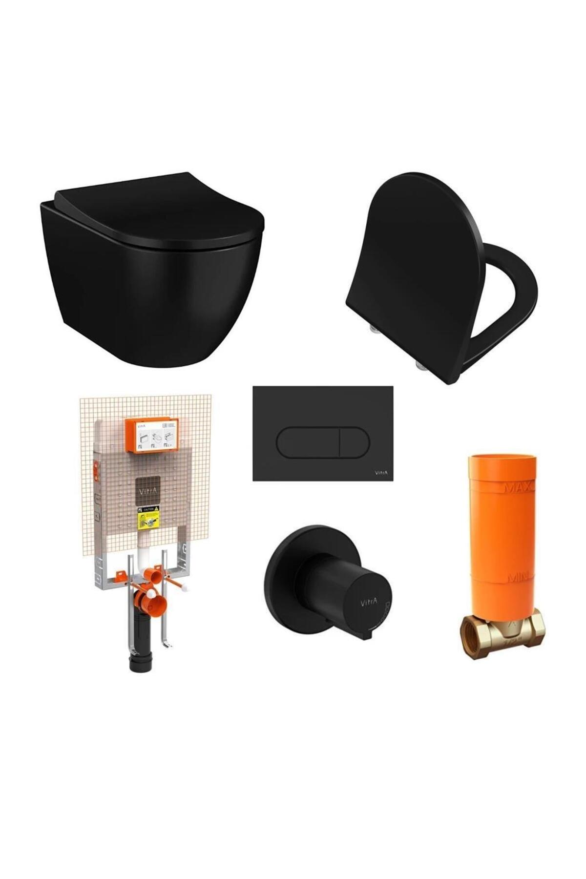 S60 Mat Siyah Kanalsız Asma + Mat Siyah Gömme Rezervuar + Slim Yavaş Kapanır Kapak