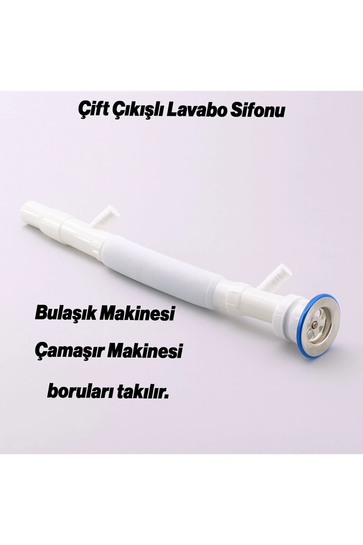 Lavabo Sifonu Çift Çıkışlı Körüklü Hortum Çamaşır ve Bulaşık Makinesi Uyumlu Süzgeç Koku Yapmaz