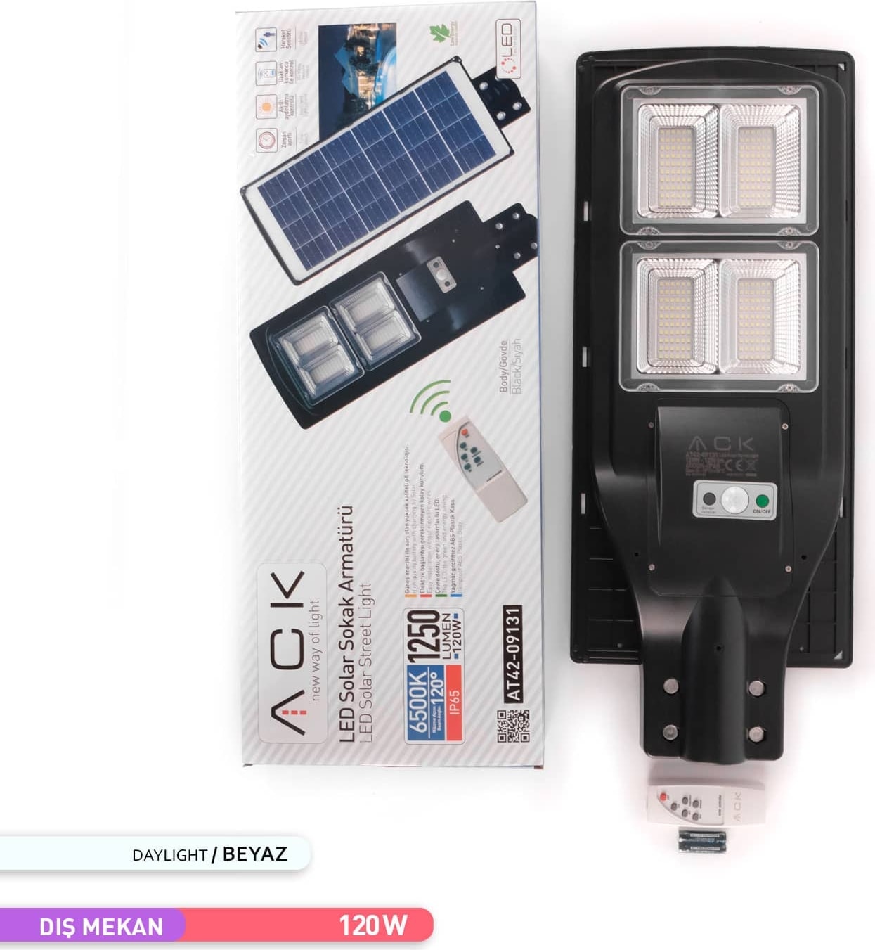 120W LED Solar Sokak Armatürü Siyah Kasa 6500K Beyaz Işık 3.2V
