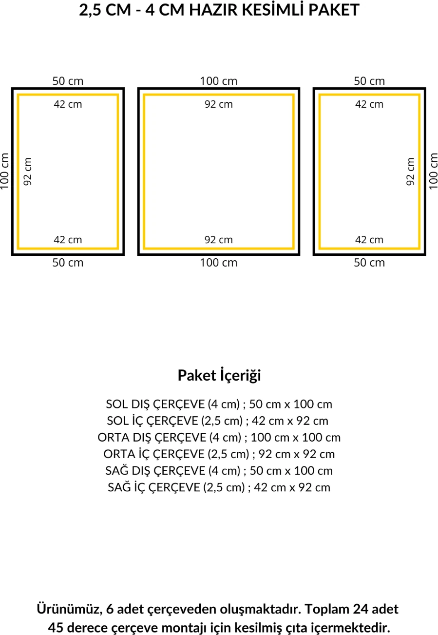 Dekoratif Boyanabilir Duvar Çıtası & Gold Ayna Pleksi Hazır Kesimli 6 Adet Çerçeve Paketi