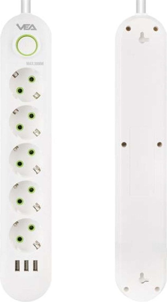 M3LFS-  VA-21562 5'li 1.5 mt Kablolu 3 Usb'li Beyaz Akım Korumalı Priz