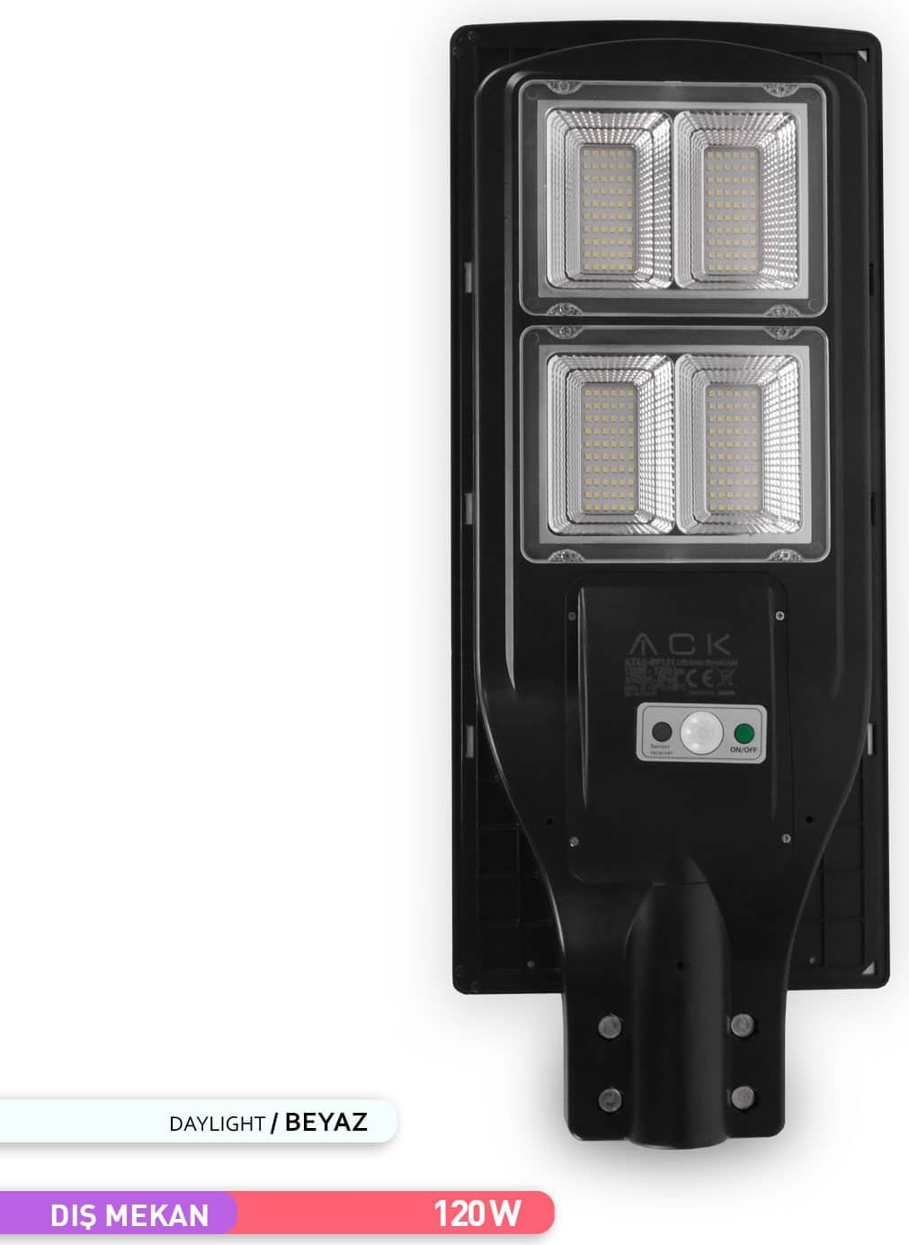 120W LED Solar Sokak Armatürü Siyah Kasa 6500K Beyaz Işık 3.2V