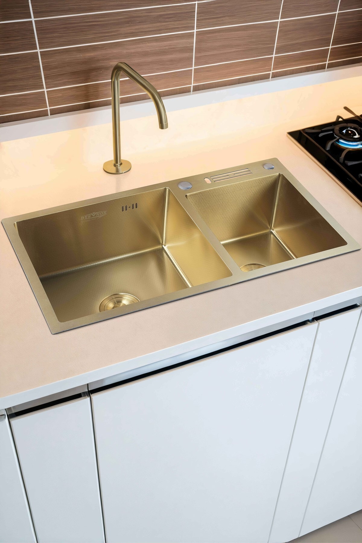 Sun Serisi %100 Krom Gold 82x45 İki Göz Bıçak Yuvalı Paslanmaz Mutfak Eviyesi, Mutfak Lavabosu