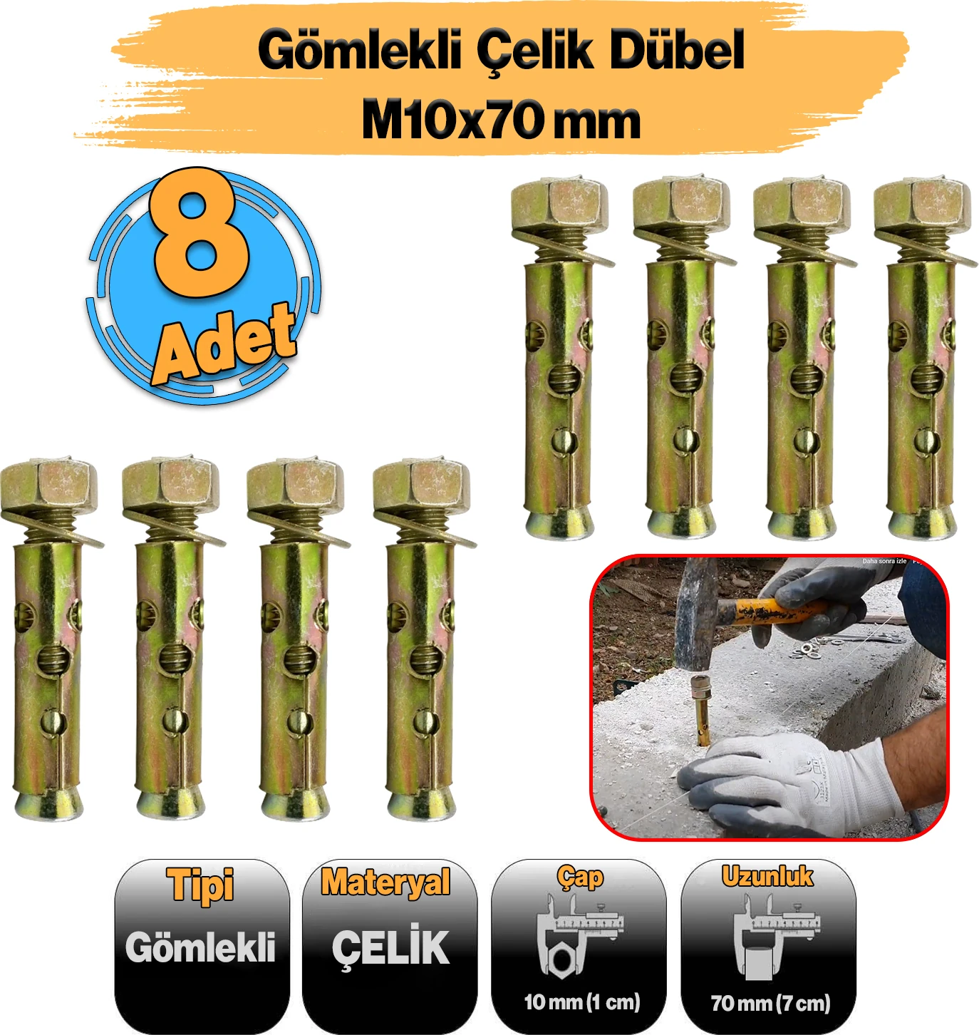 Saplamalı Gömlek Çelik Dübel M10X70 mm Raf Montaj Bağlantı Zemin Monte Tavan Asma Aparat 8 Adet