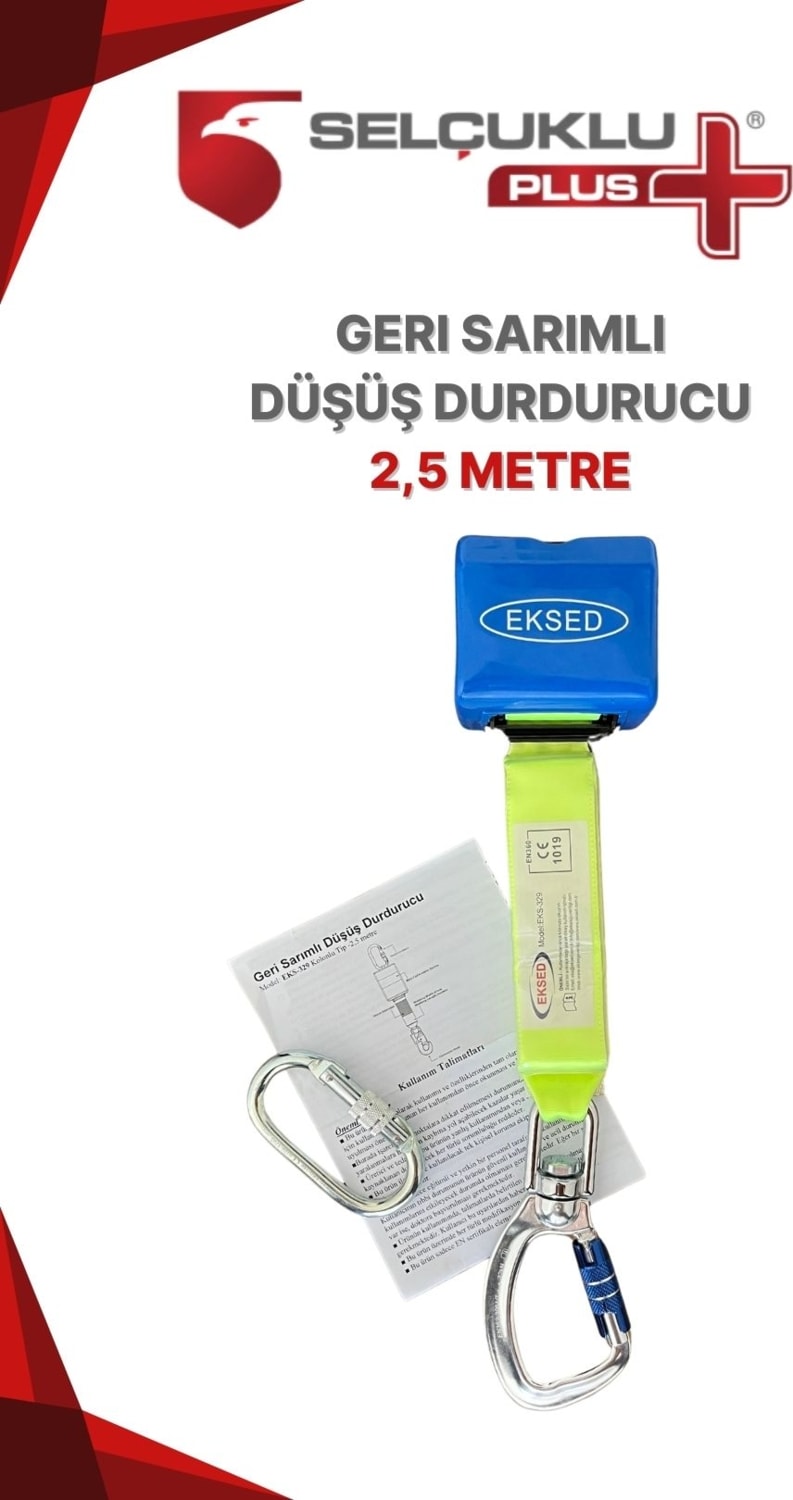 Geri Sarımlı Düşüş Durdurucu 2,5 Metre Çelik Halatlı Karabinalı Yüksekte Çalışma Emniyet Sistemi