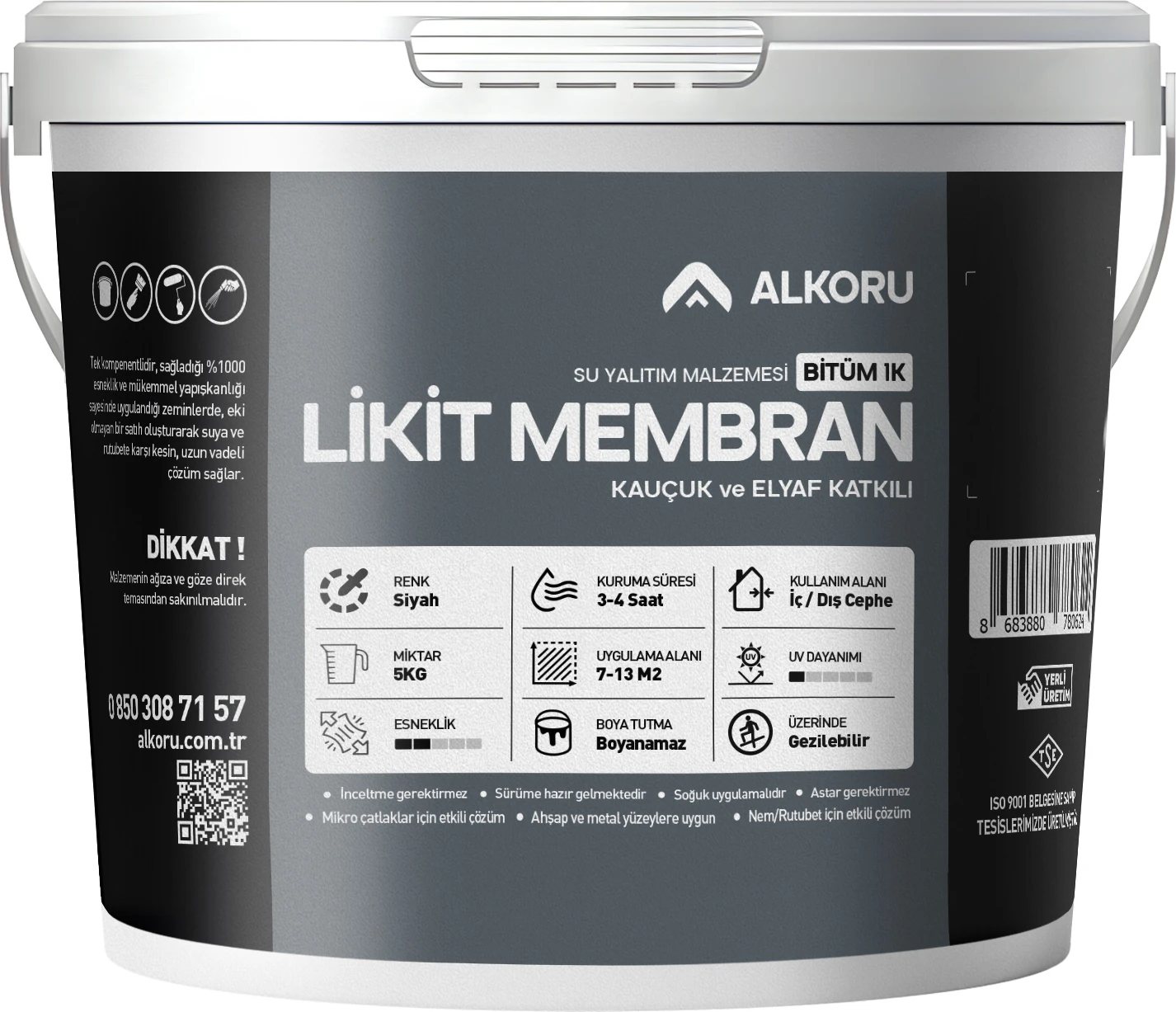 5 kg Bitüm 1k Likit Membran Kauçuk ve Elyaf Katkılı Sıvı Su Yalıtım Malzemesi