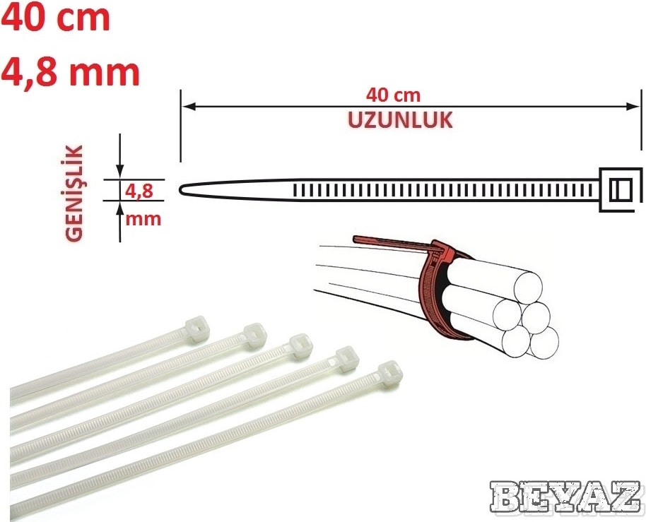 Plastik Cırt Kelepçe Kablo Bağı 40CM x 4,8mm (20 Adet) Saydam-Beyaz