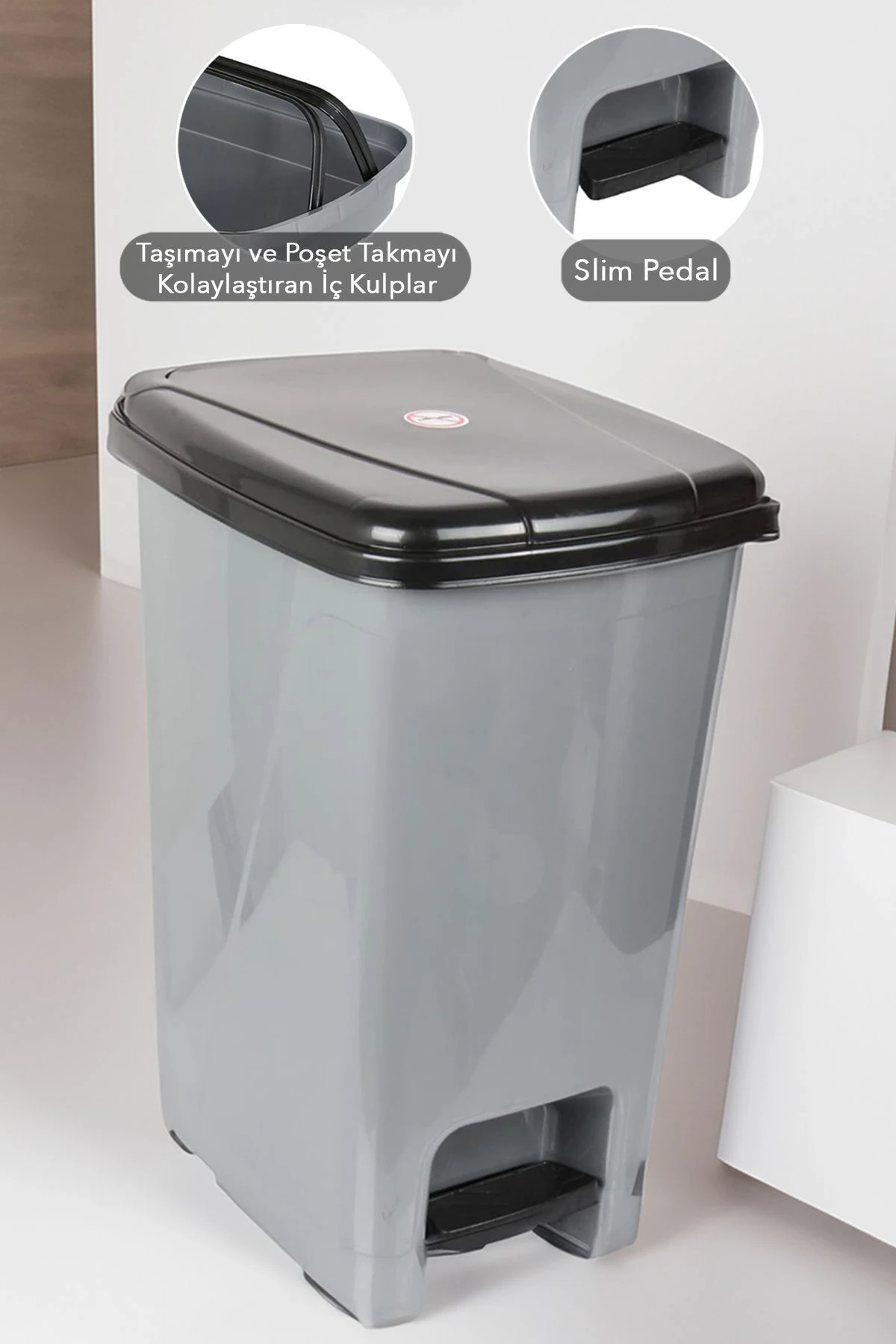 40 Litre Pedallı Gri Banyo Mutfak Çöp Kovası Siyah Kapaklı Slim Pedallı Çöp Kovası