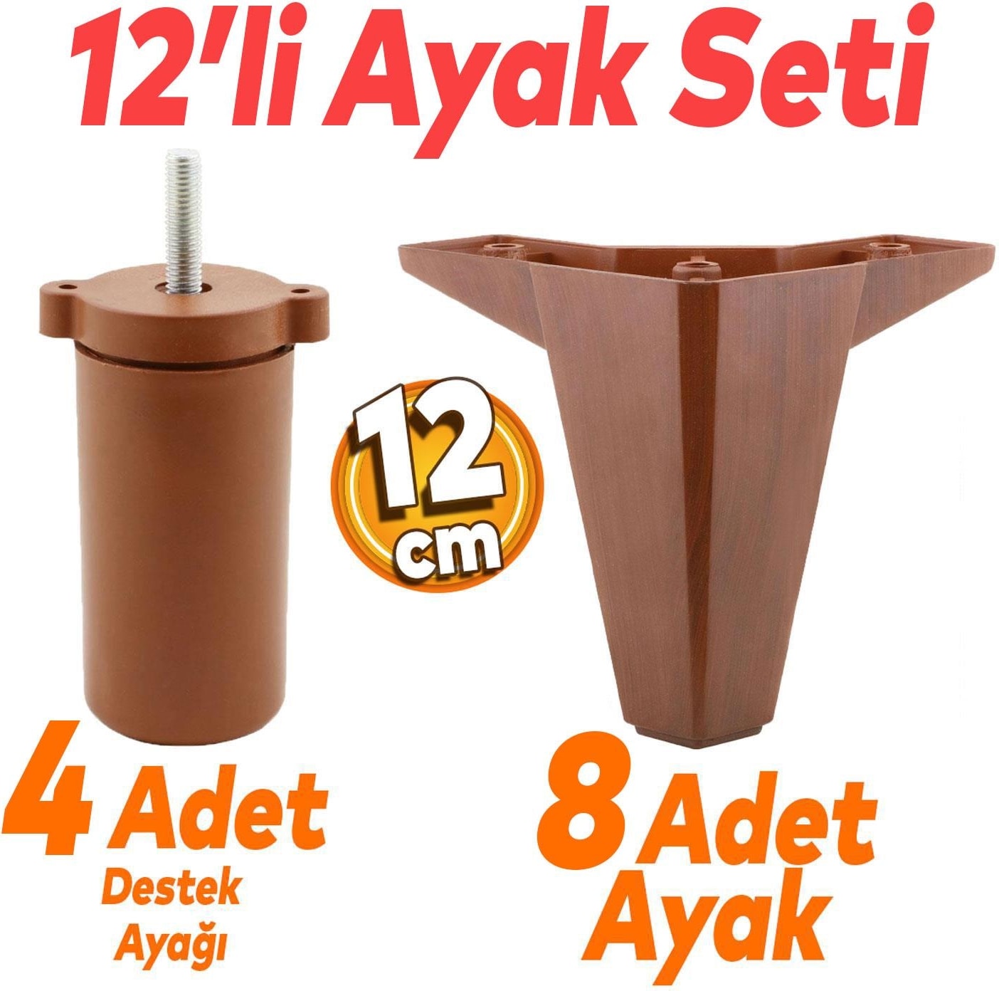 Sedir 12'li Set Mobilya Koltuk Kanepe Baza Tv Ünitesi Çekyat Destek Ayağı 12 Cm Kahverengi Ayakları