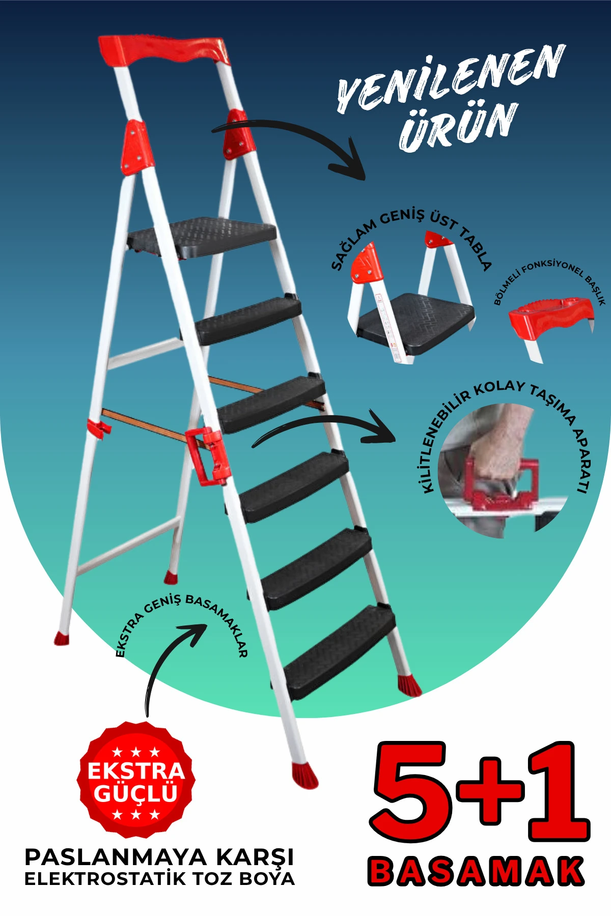 Elegance 5+1 Geniş Basamaklı Kolay Taşıma Aparatlı Merdiven Kaliteli Paslanmaz