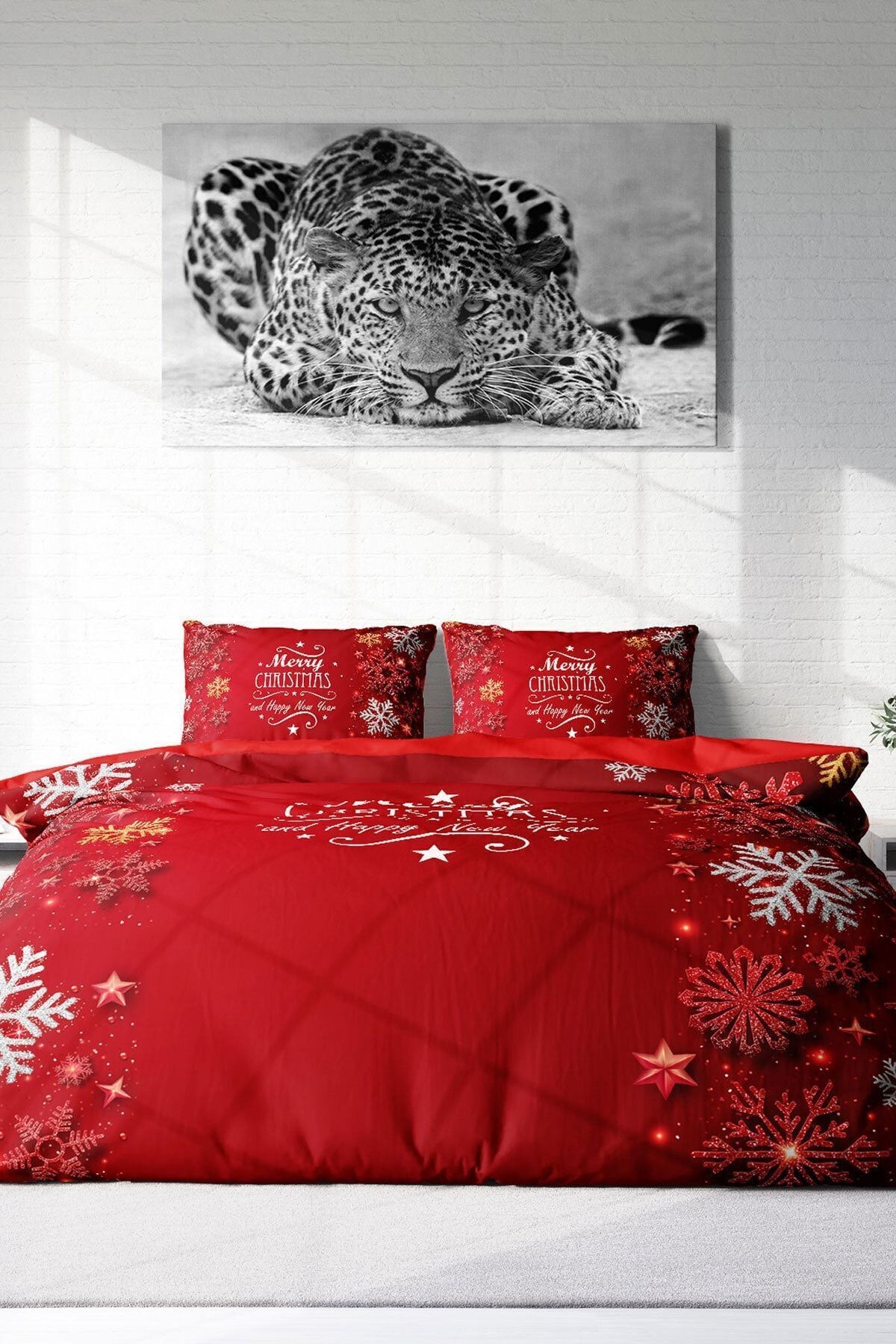 Yılbaşı Nevresim Takım %100 Doğal Pamuk Merry Christmas Çift Kişilik Snowflake