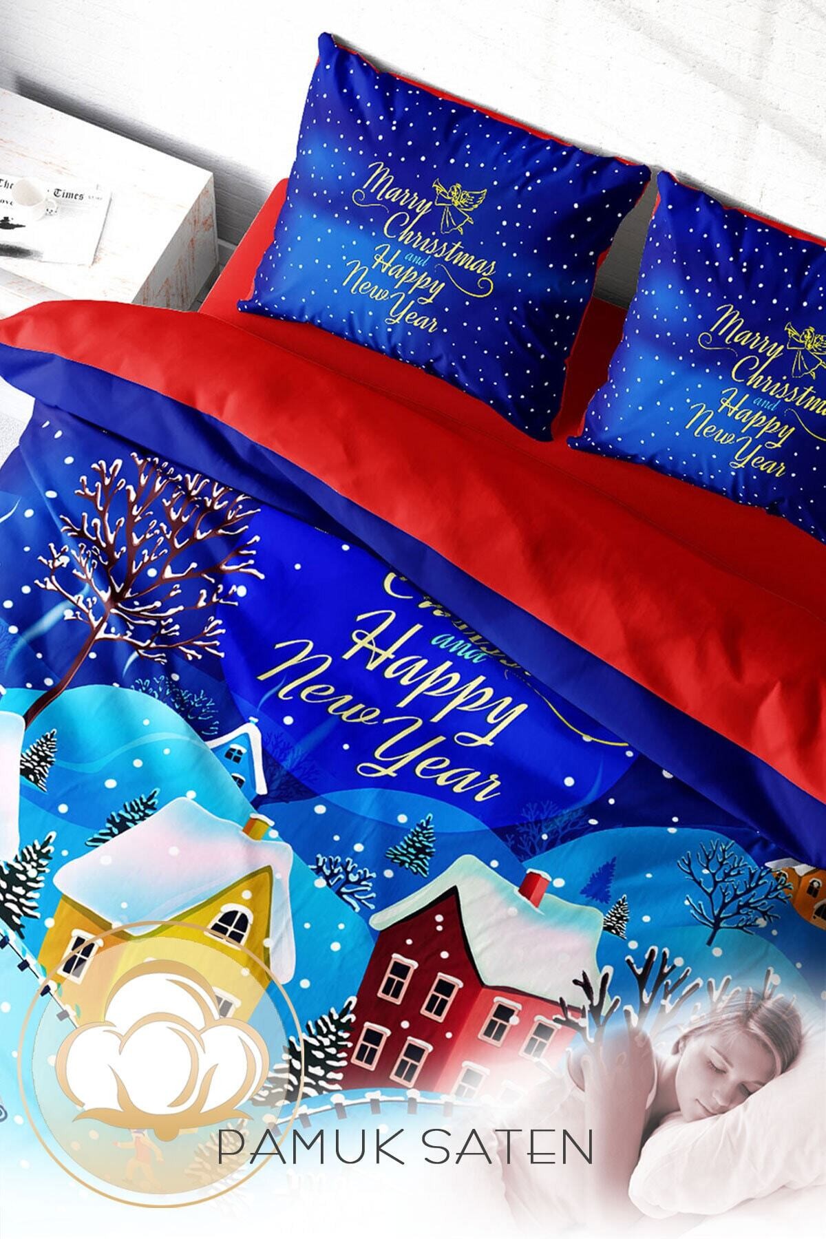 Kıng Sıze Yılbaşı Süsü Merry Christmas Çift Kişilik 3d Nevresim Takımı Pamuk Saten Snow 220x240cm